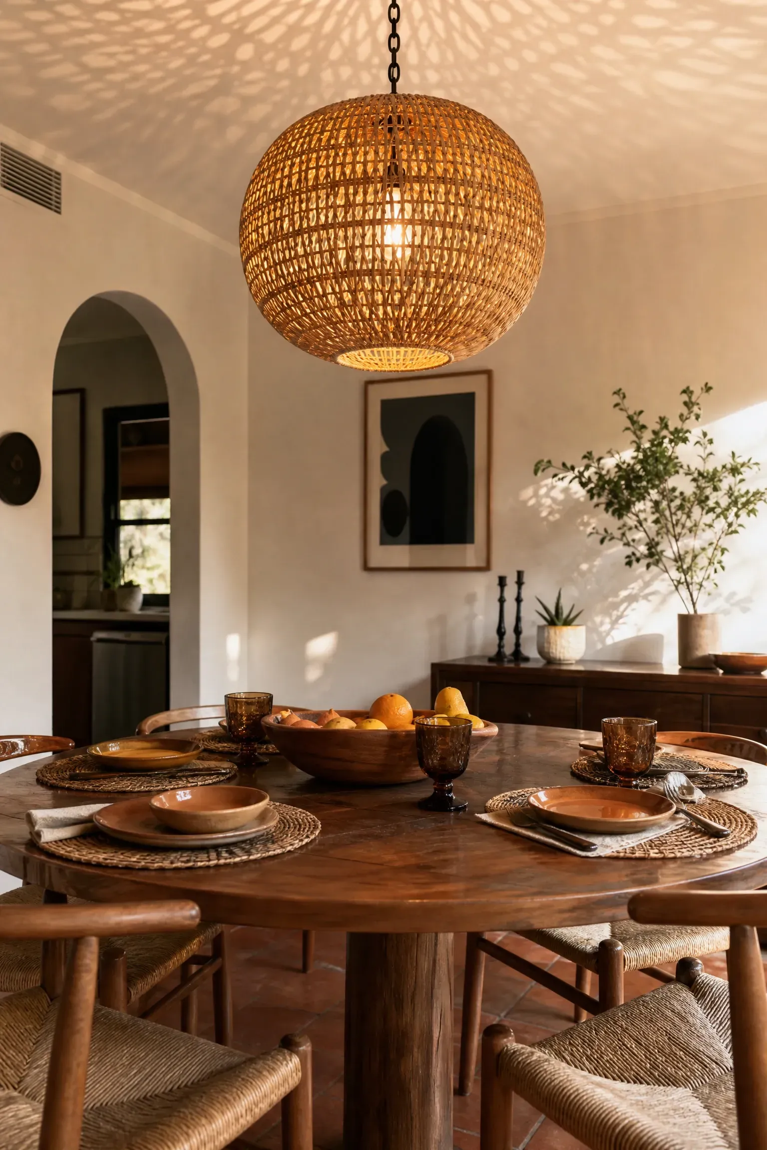 rattan or wicker chandelier for a relaxed vibe in a dining room