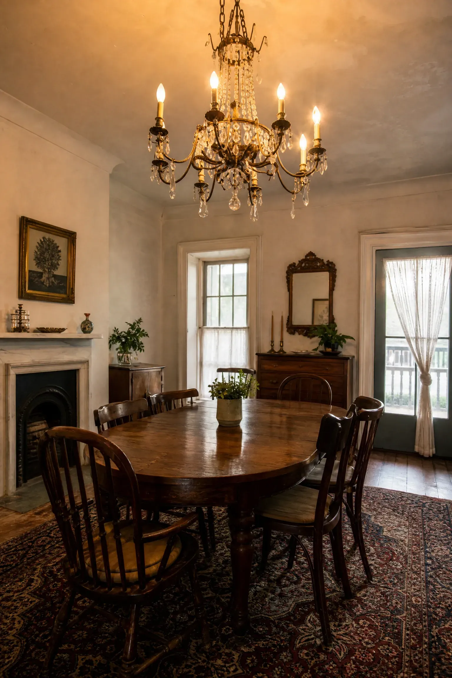 vintage or antique chandelier restored and rehung in a dining room