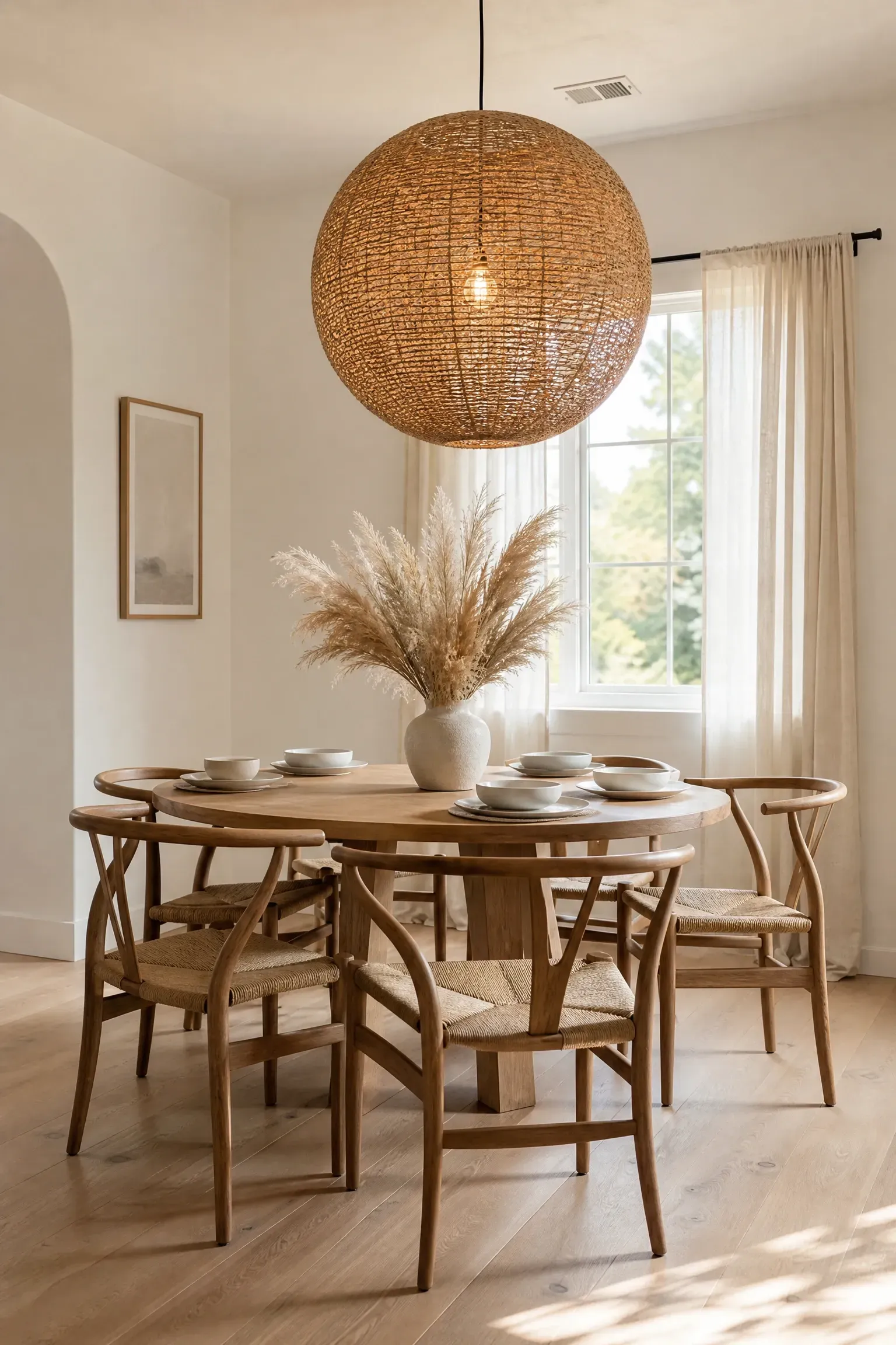 woven seagrass or jute globe chandelier in a dining room