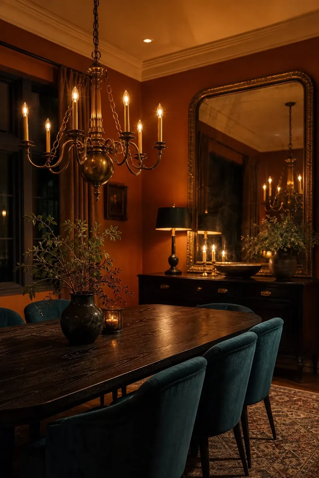 burnt amber with brass accents in a dining room
