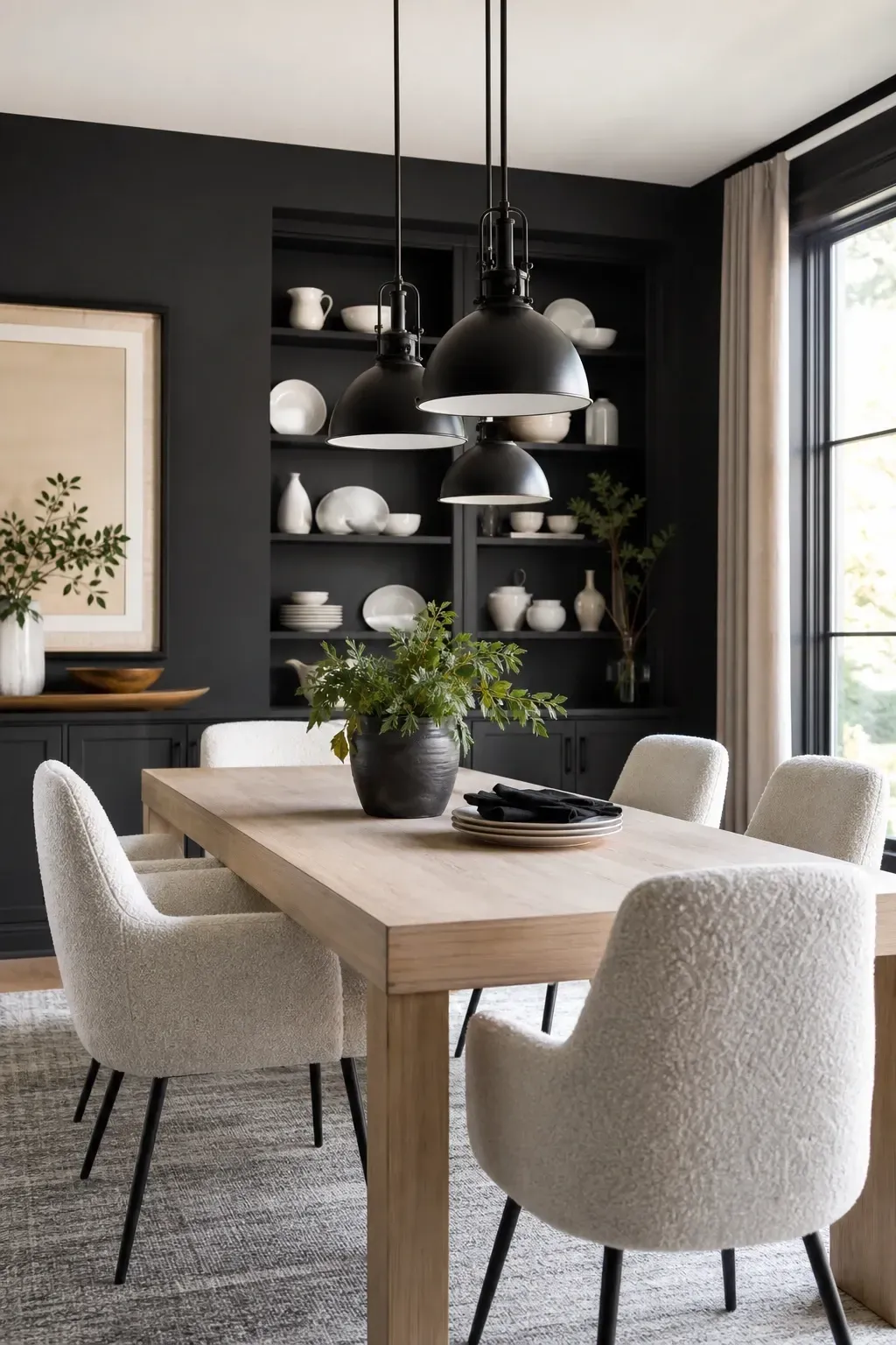 charcoal with light wood contrast in a dining room