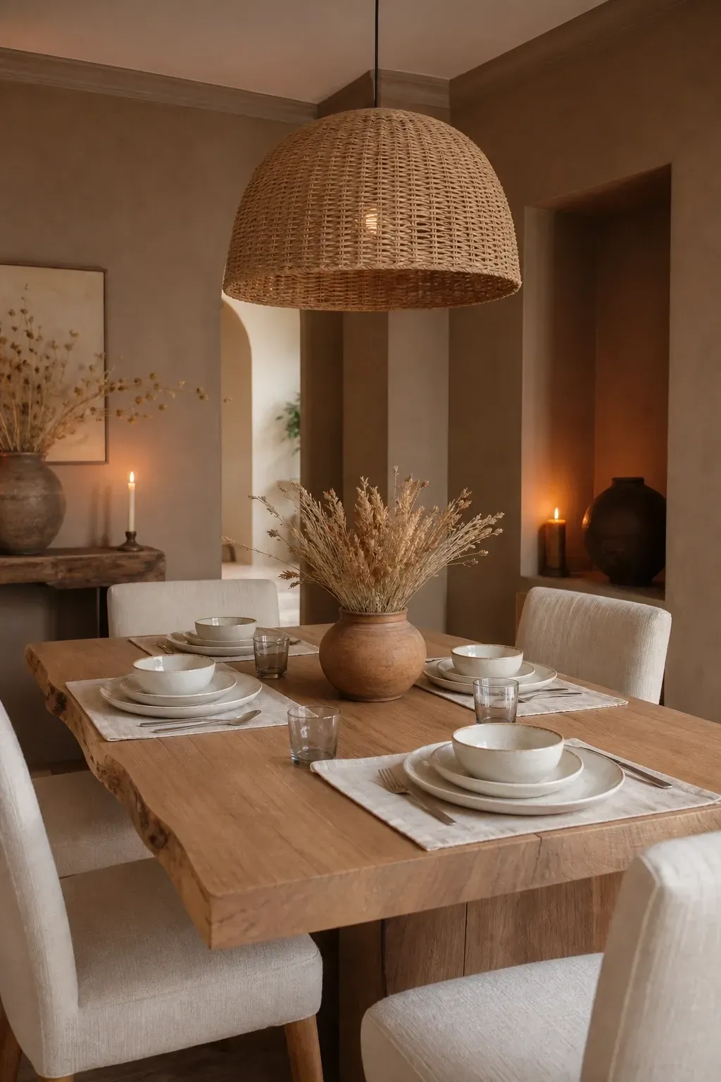 clay and warm stone in a dining room