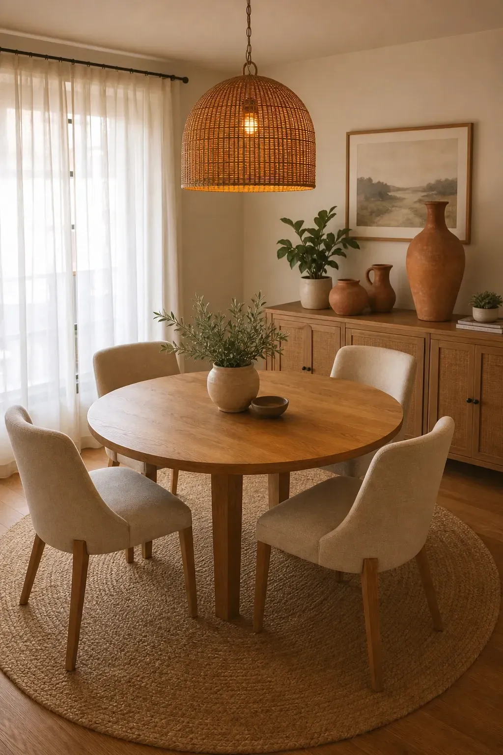 creamy ivory with warm wood tones in a dining room