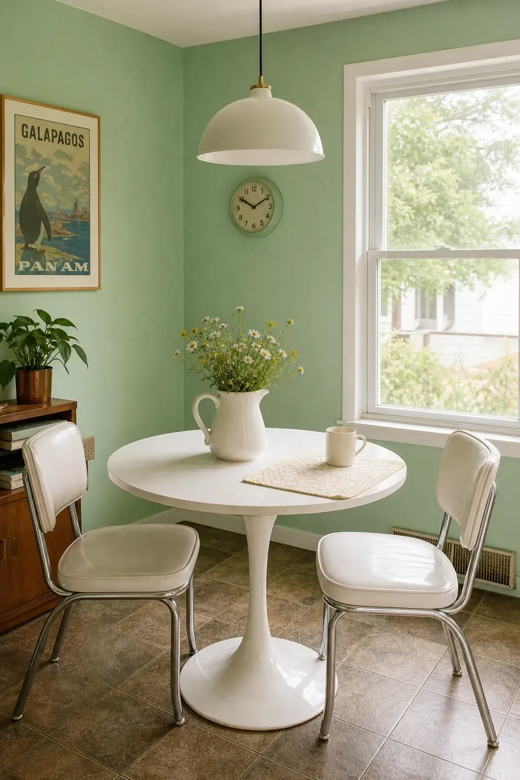 mint green with white and chrome in a dining room