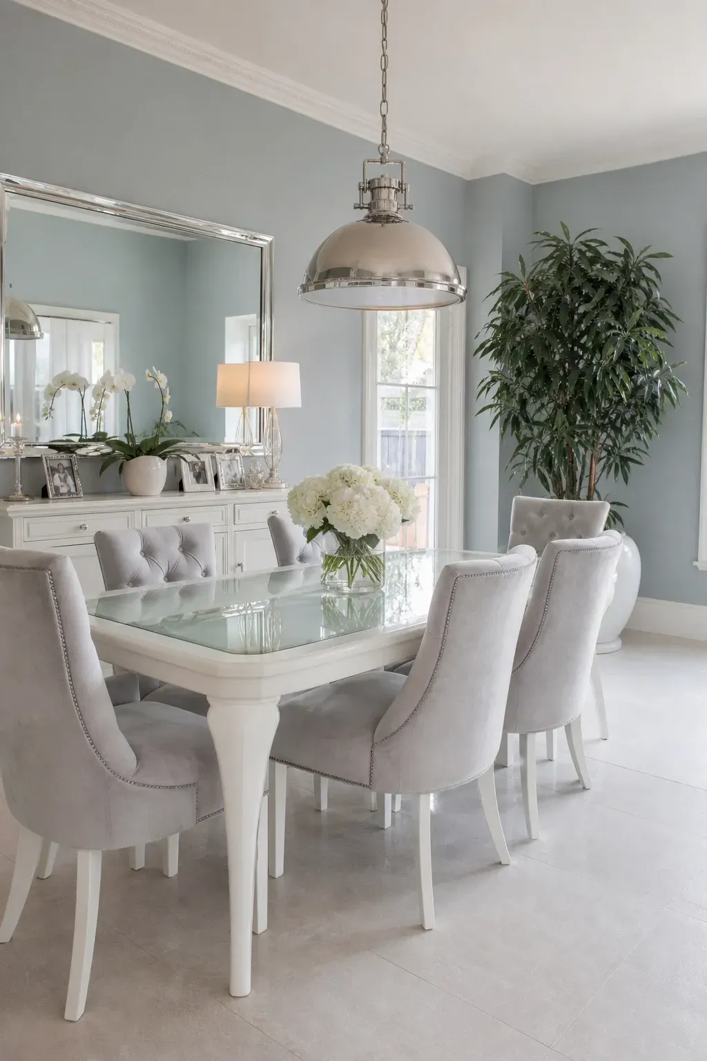 pale blue-gray in a dining room