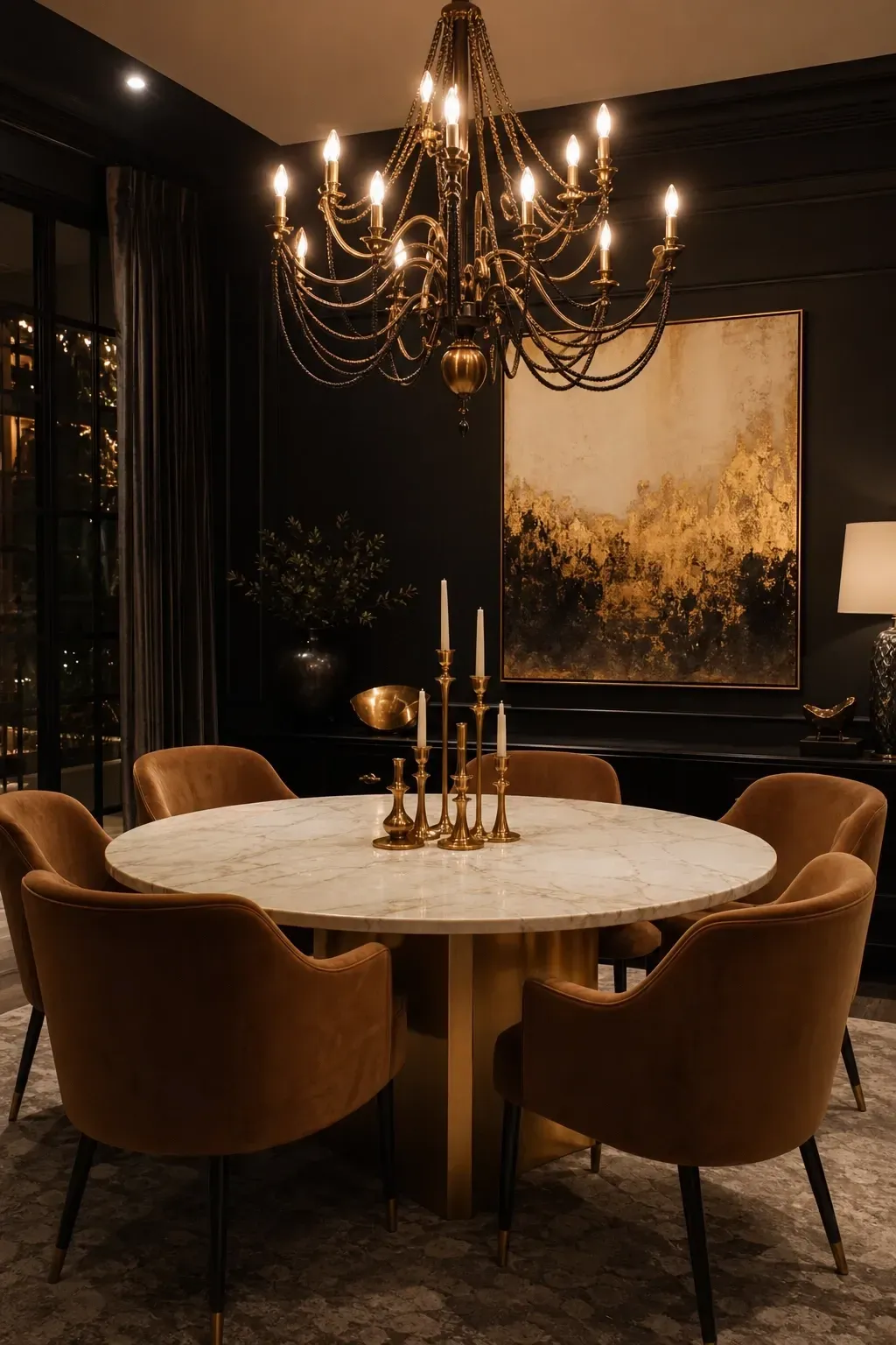 warm black with gold accents in a dining room