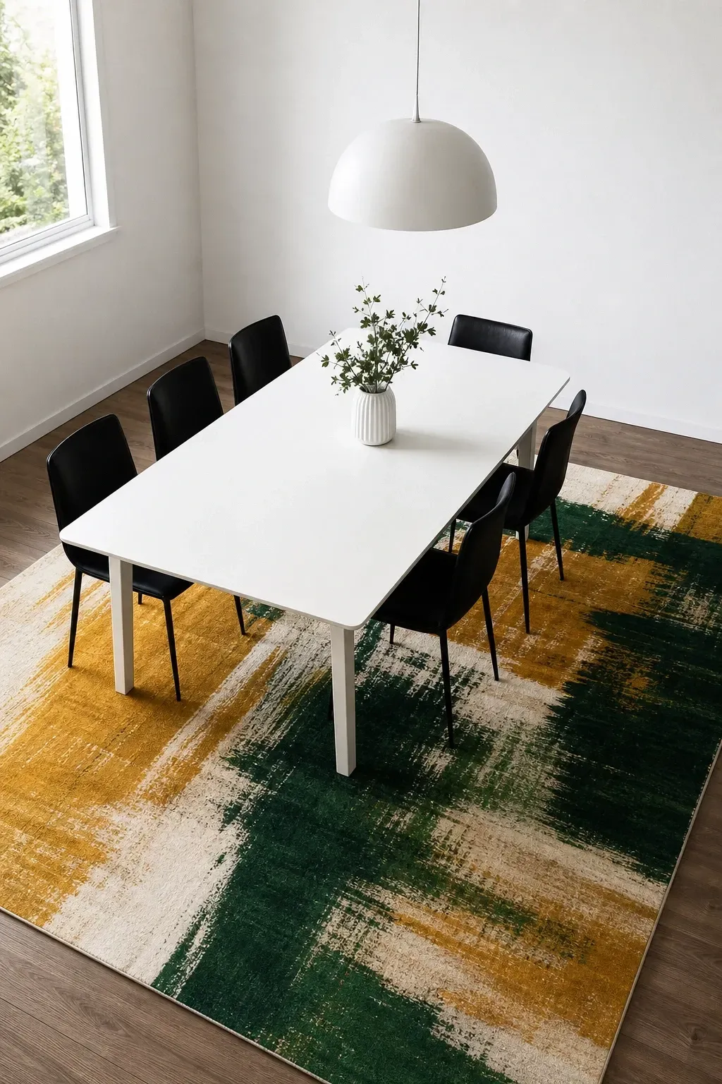 abstract art-inspired rug in bold colors in a dining room