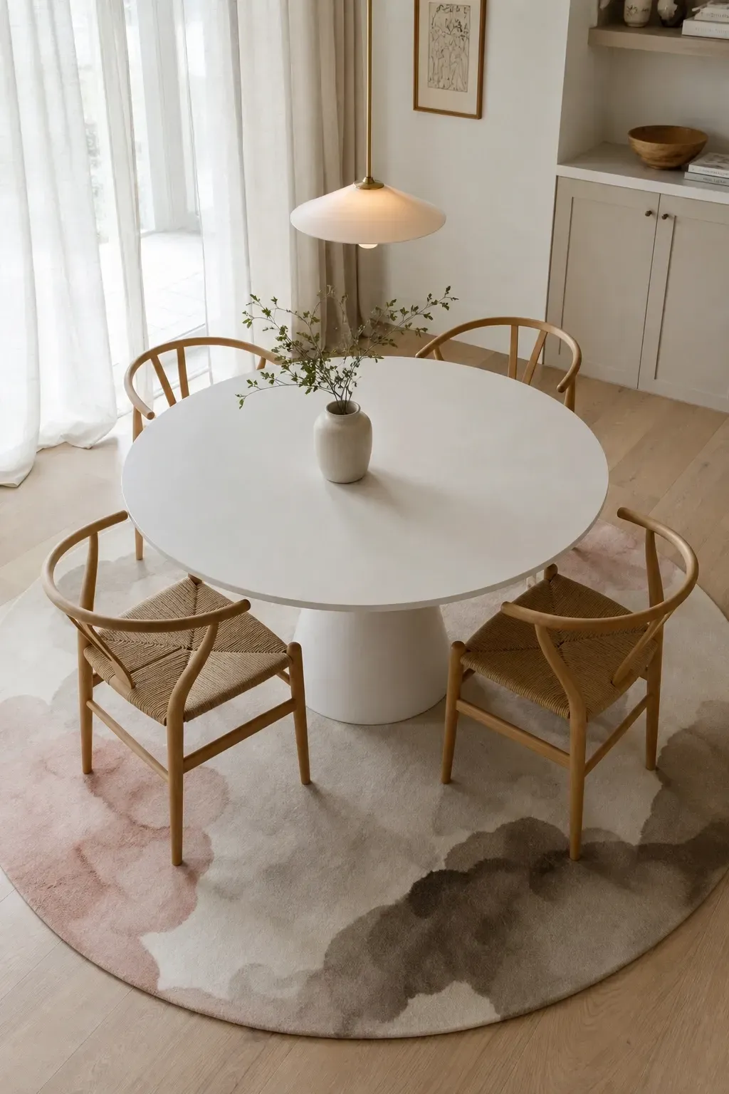 abstract watercolor pattern in neutrals in a dining room