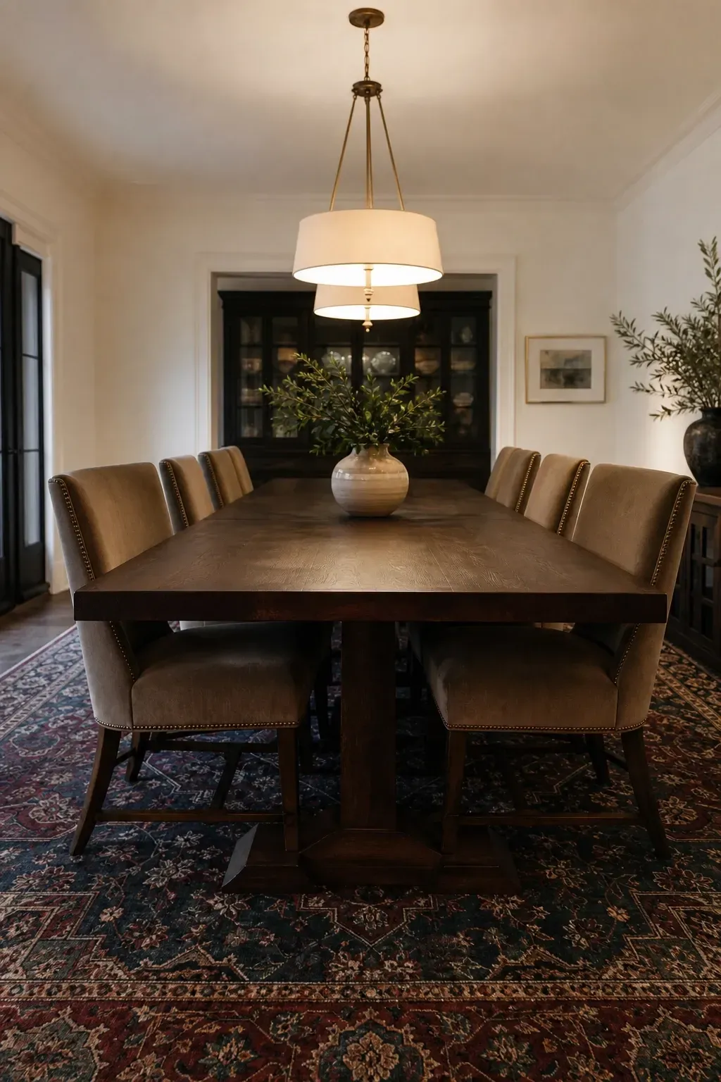 dark-toned patterned rug for a busy household in a dining room