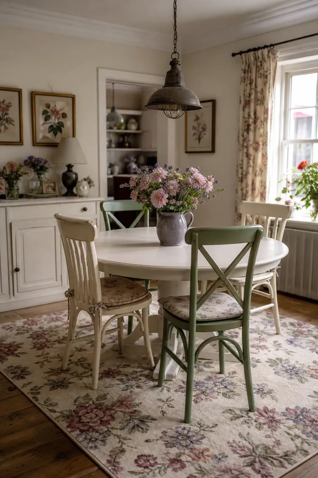 floral wool rug in a cottage dining room
