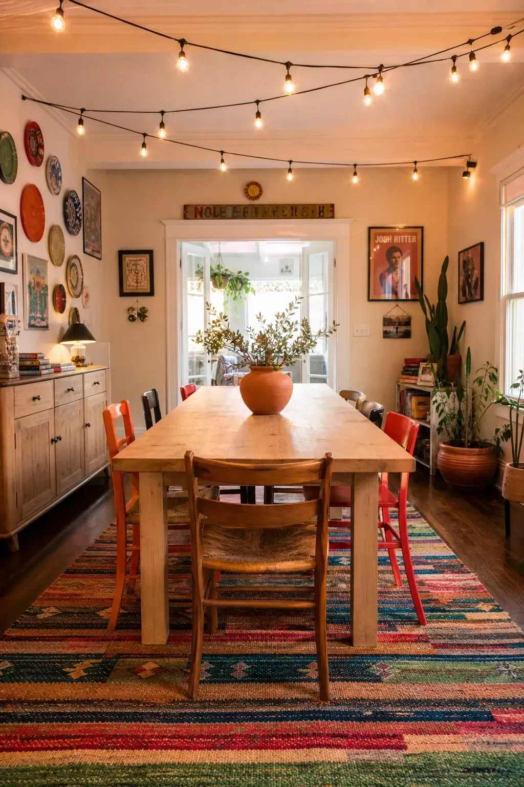 global-inspired multi-color flatweave in a dining room