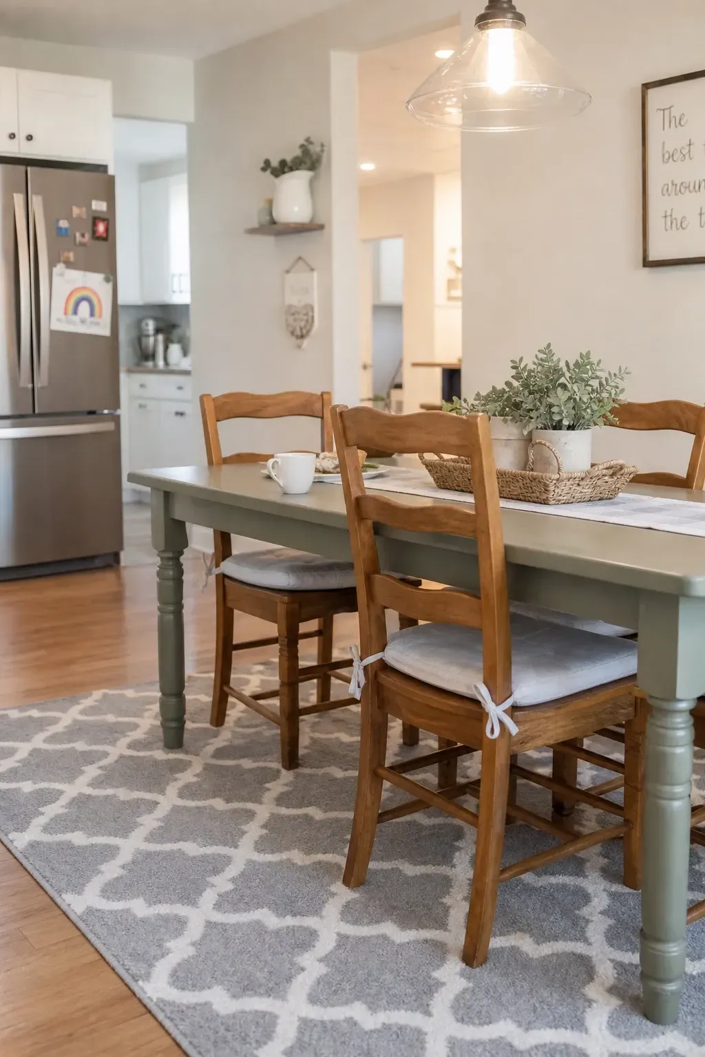 machine-washable cotton rug in a soft pattern in a dining room