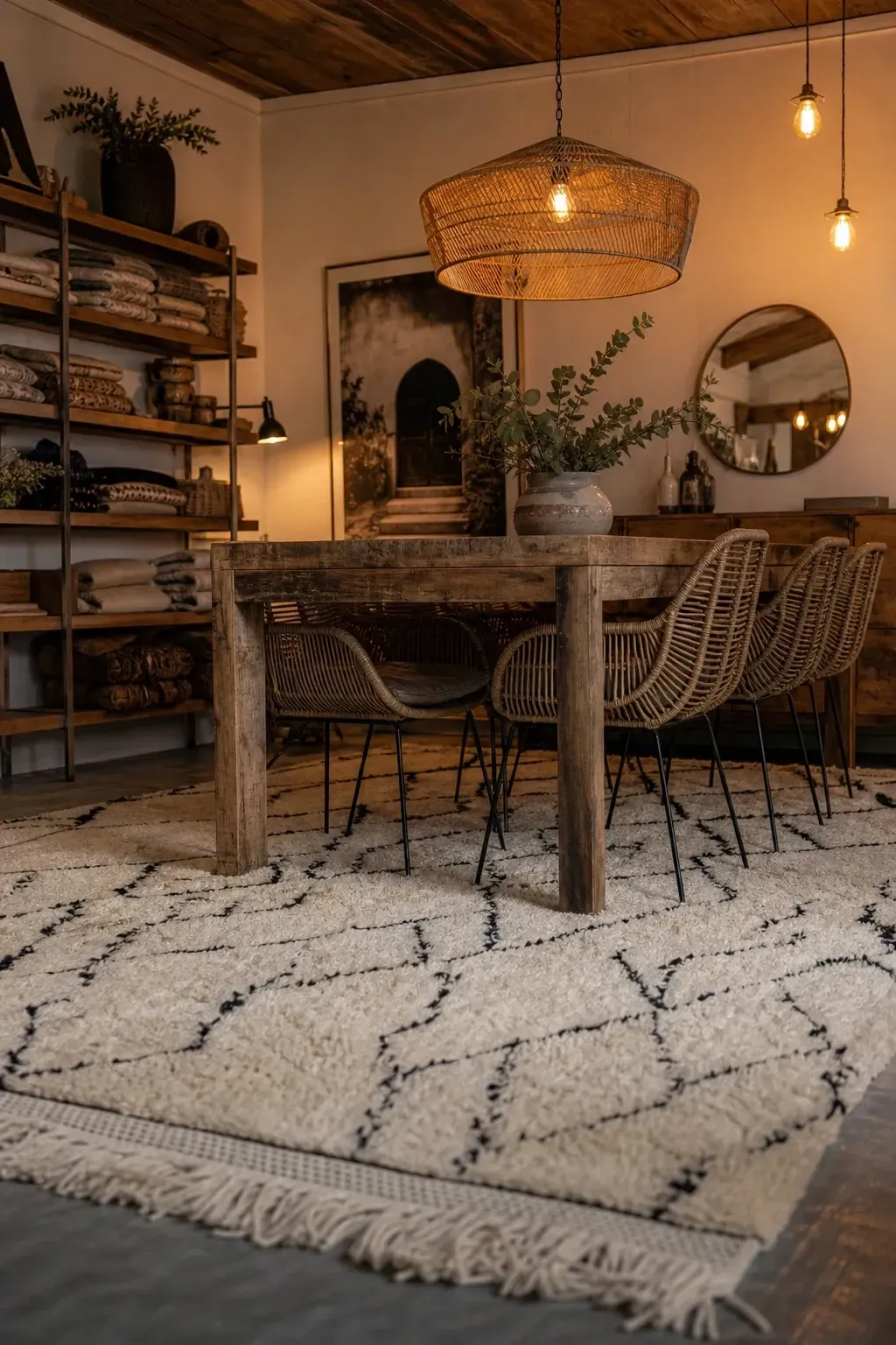 moroccan beni ourain-inspired rug in a dining room