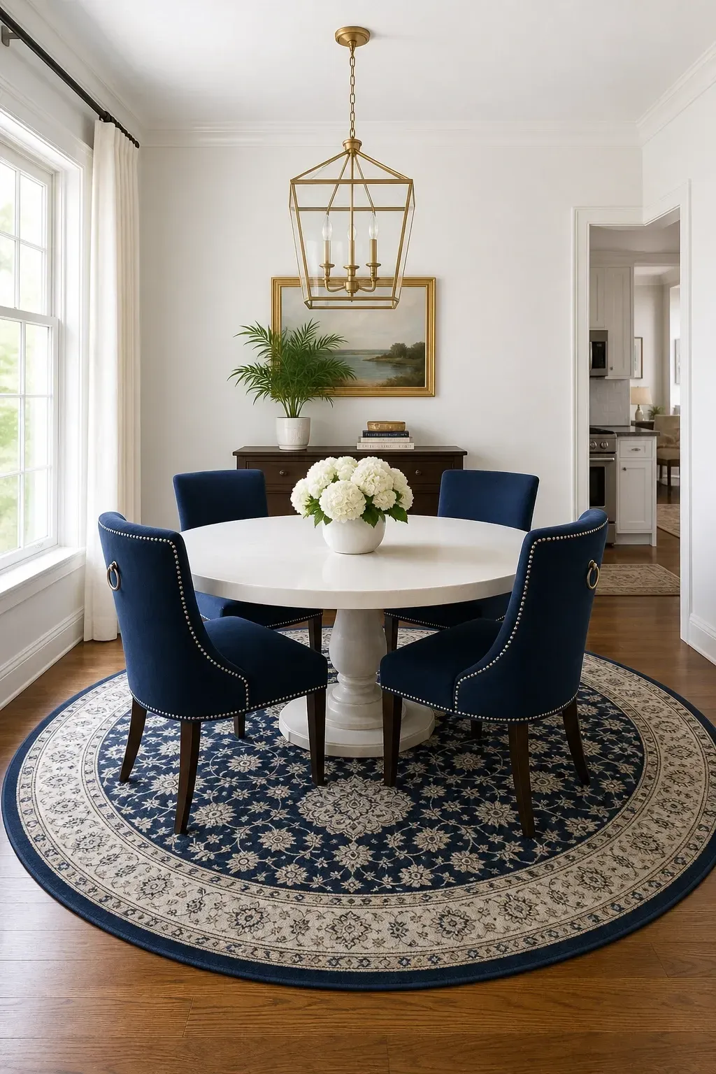 navy and ivory medallion rug in a dining room