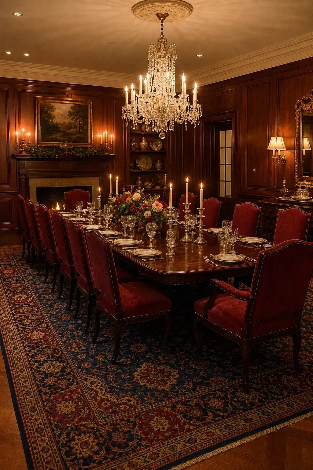 persian or oriental rug in rich jewel tones in a dining room