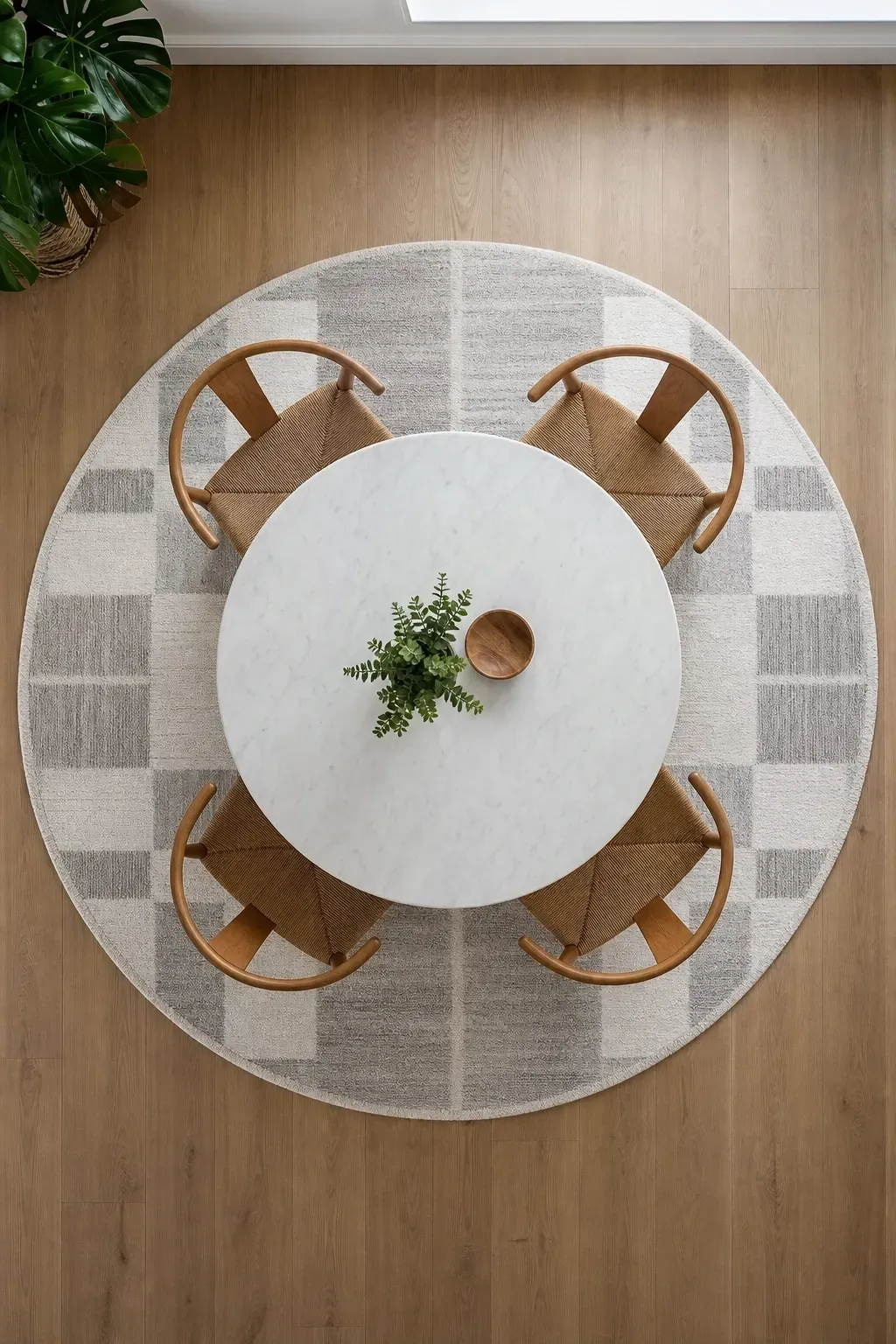 round rug under a round table in a dining room