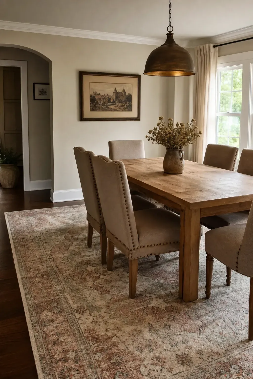 vintage-inspired distressed rug in muted tones in a dining room