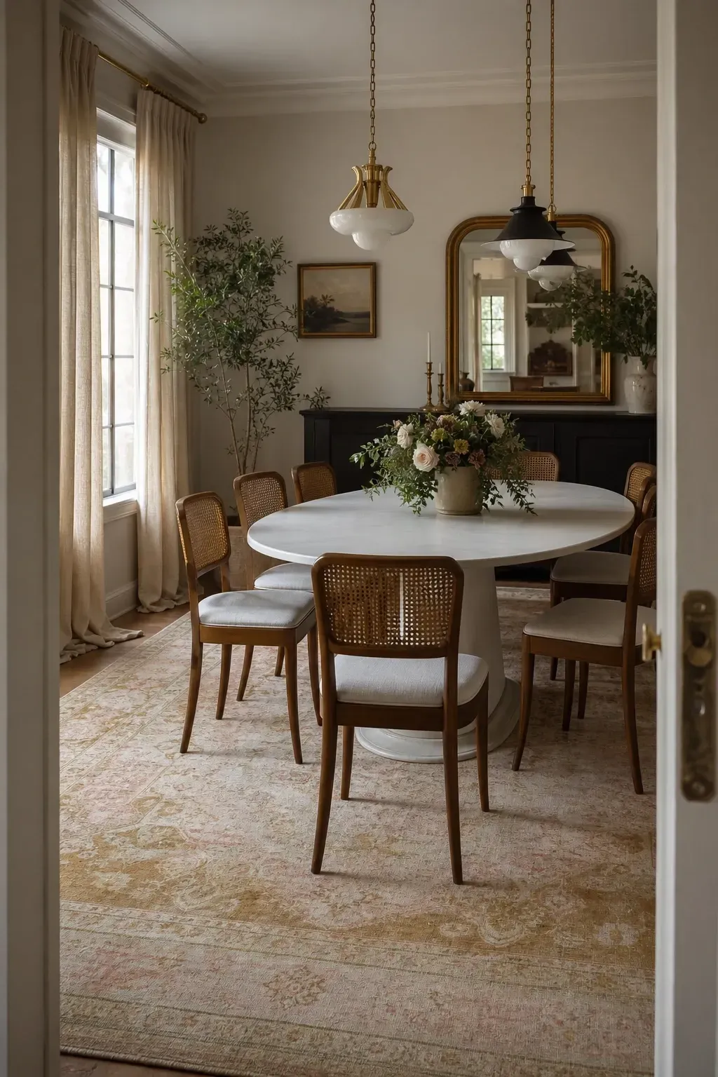 vintage oushak in faded gold and blush in a dining room
