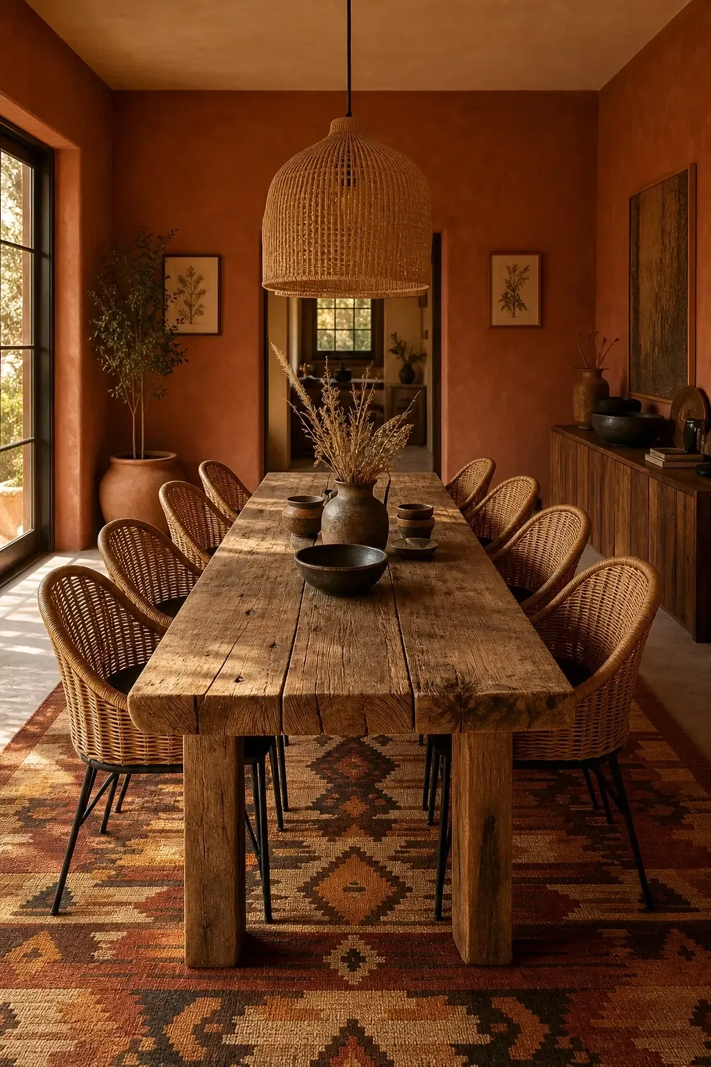 wool kilim in earthy tones in a dining room