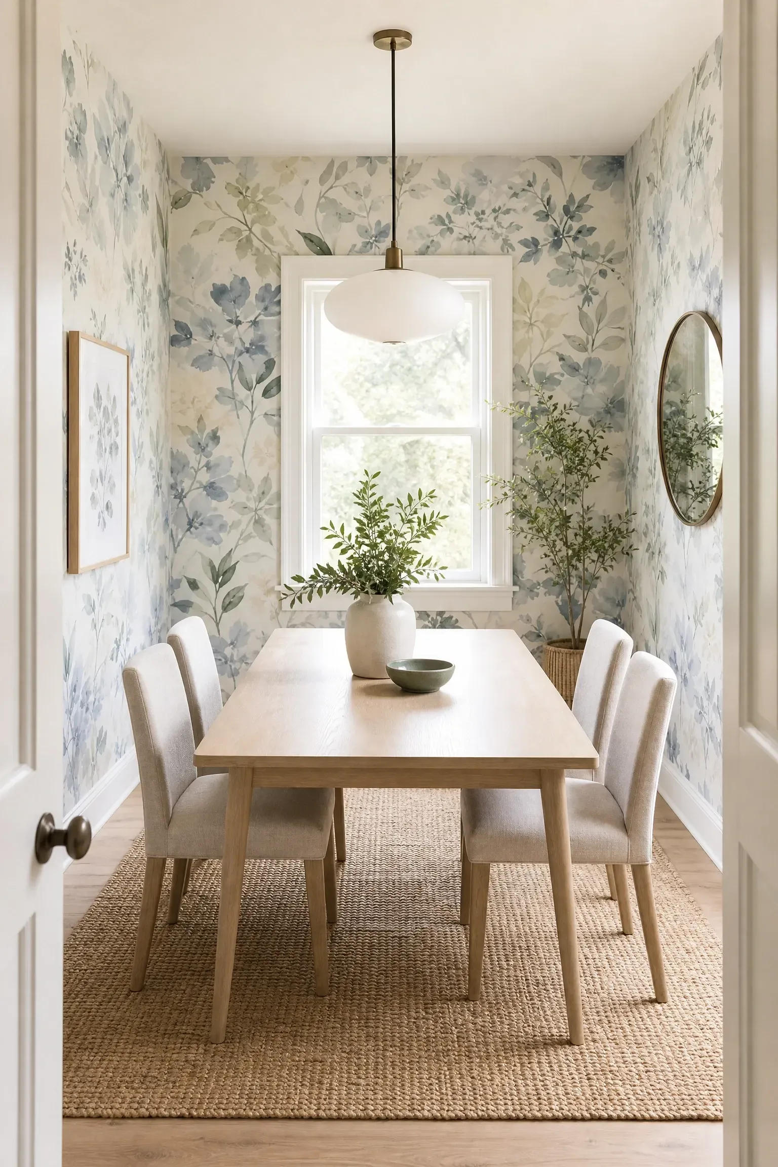 abstract botanical watercolor prints in a dining room