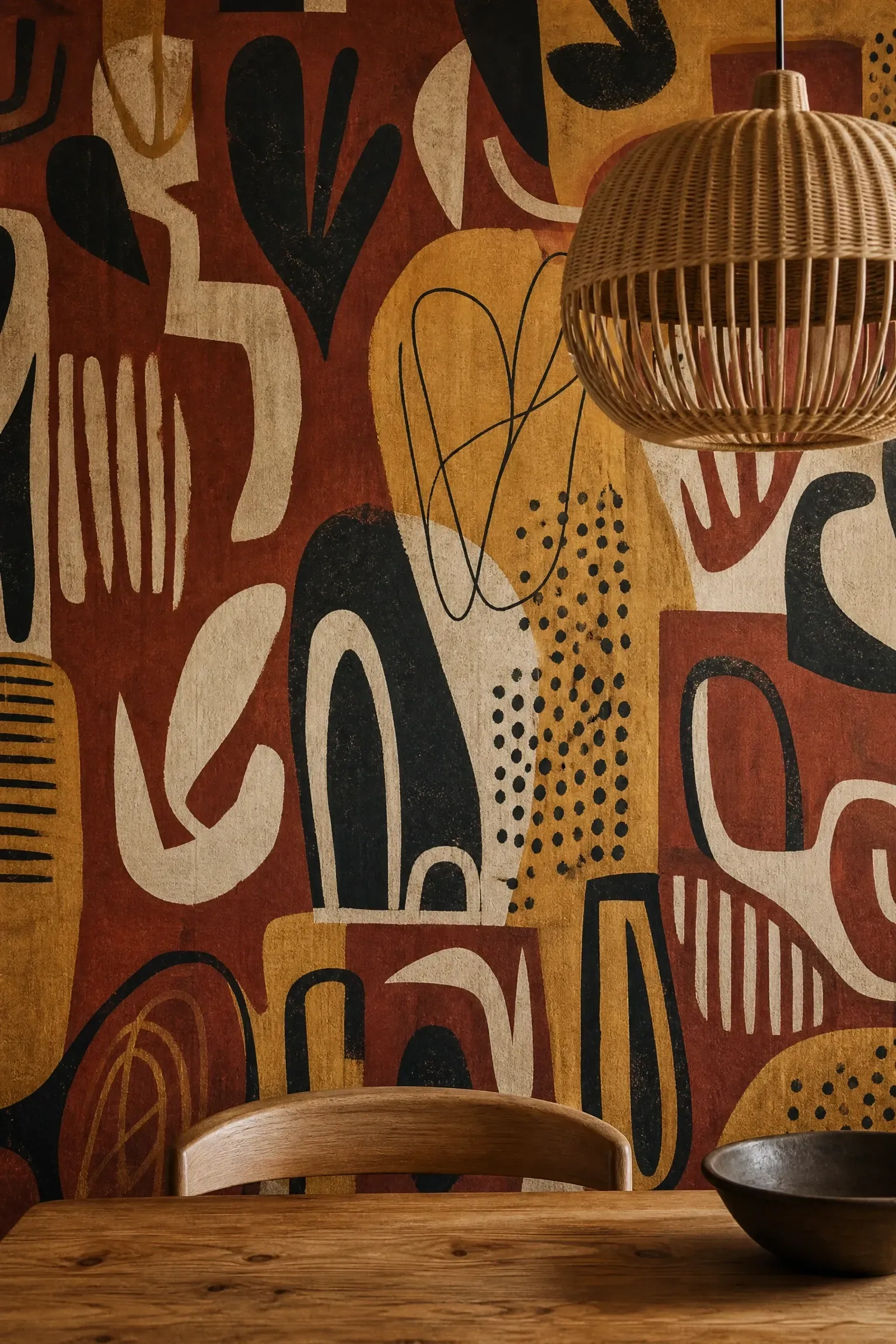 abstract maximalist print in a dining room