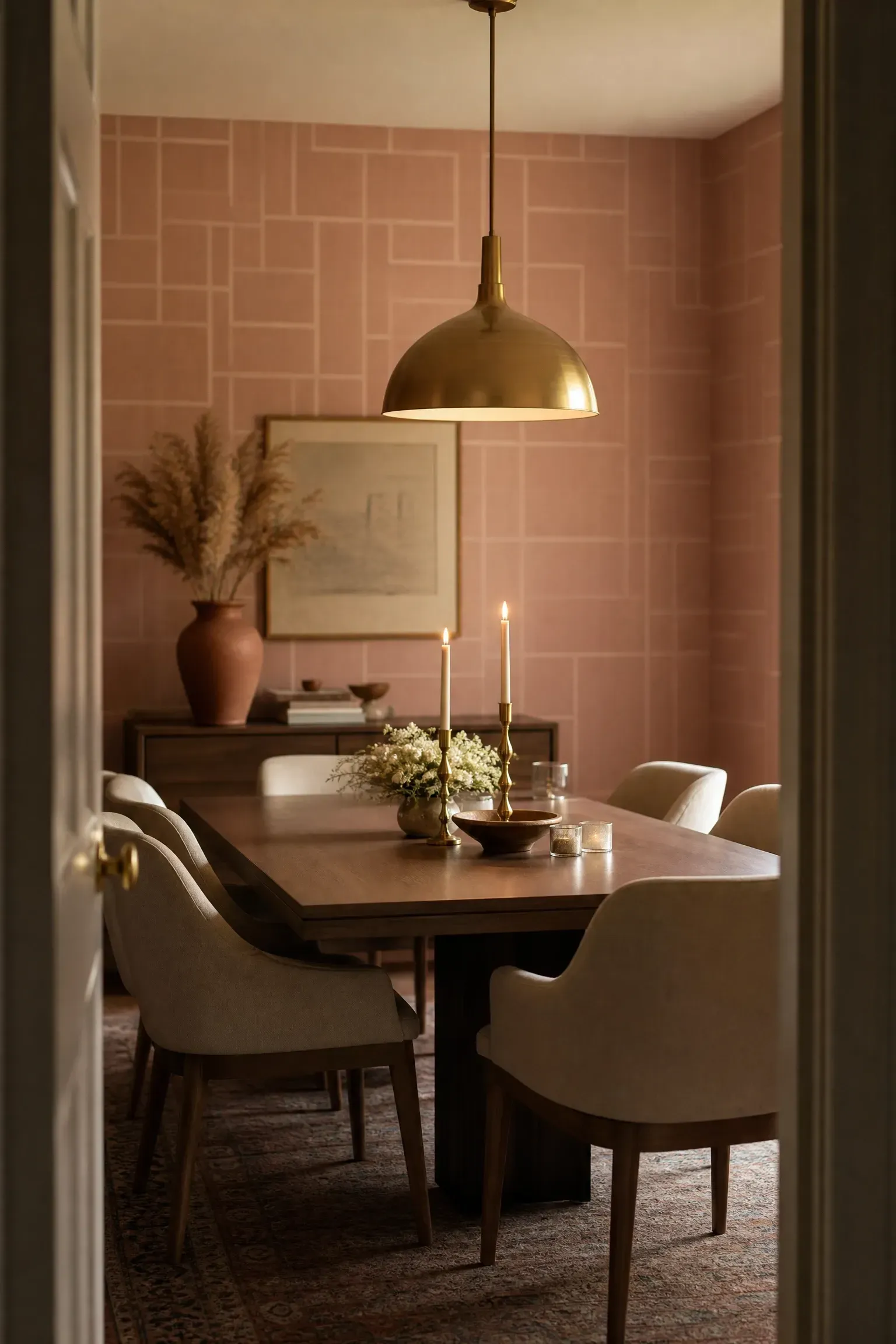 blush pink patterned wallpaper in a dining room