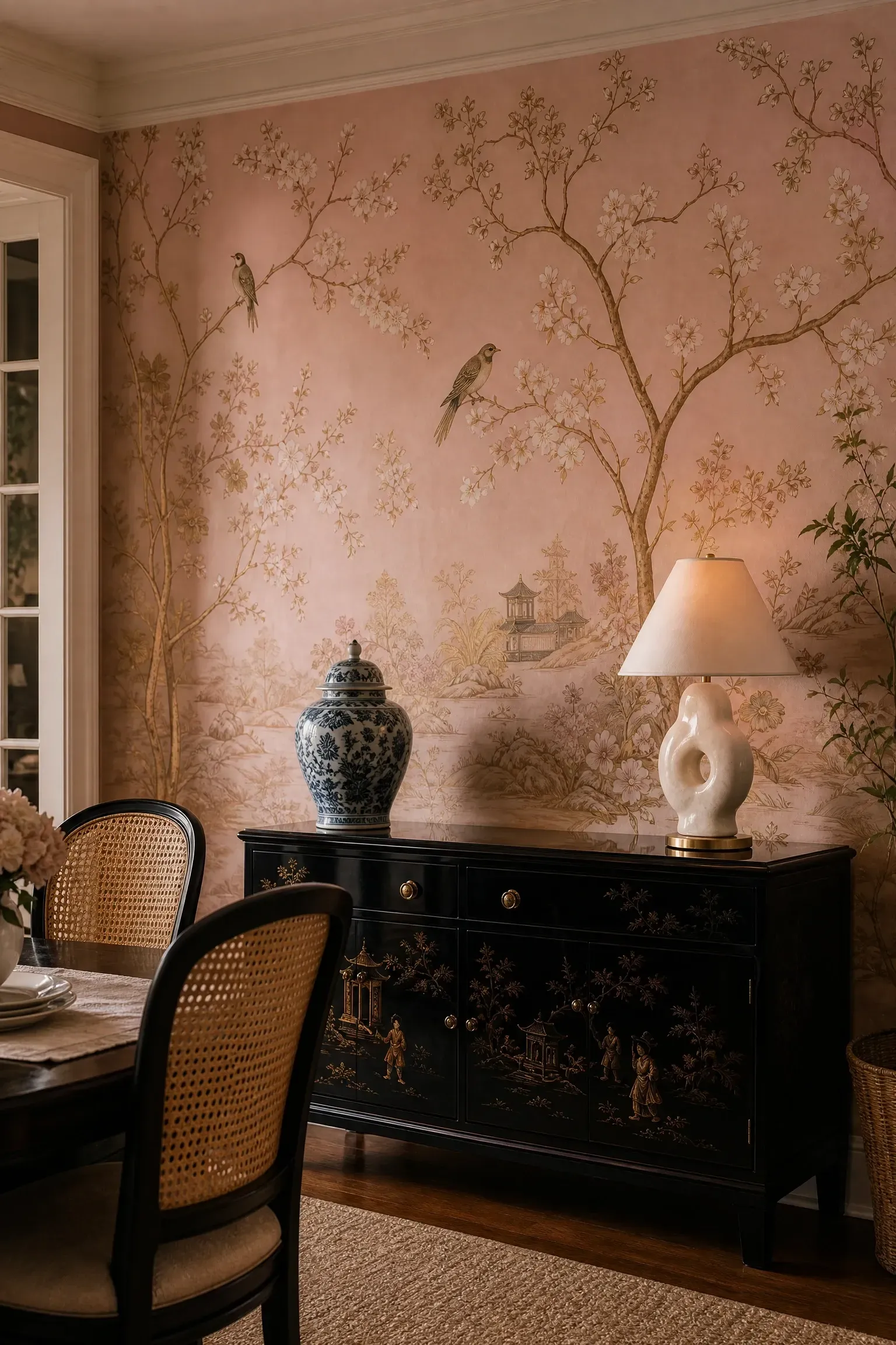 chinoiserie mural wallpaper in a dining room
