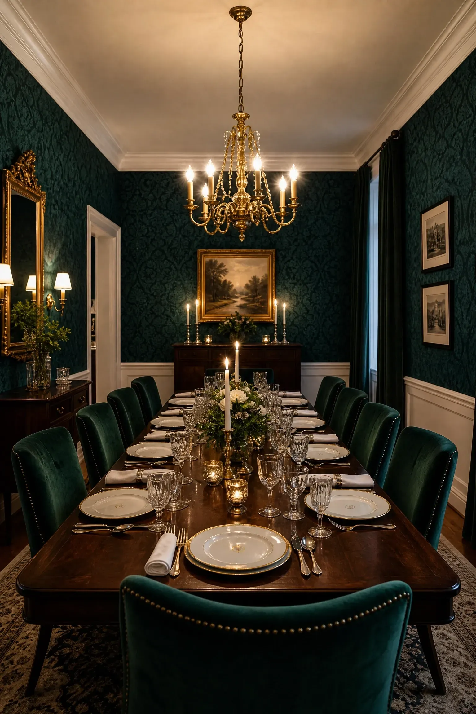 dark moody damask in a dining room