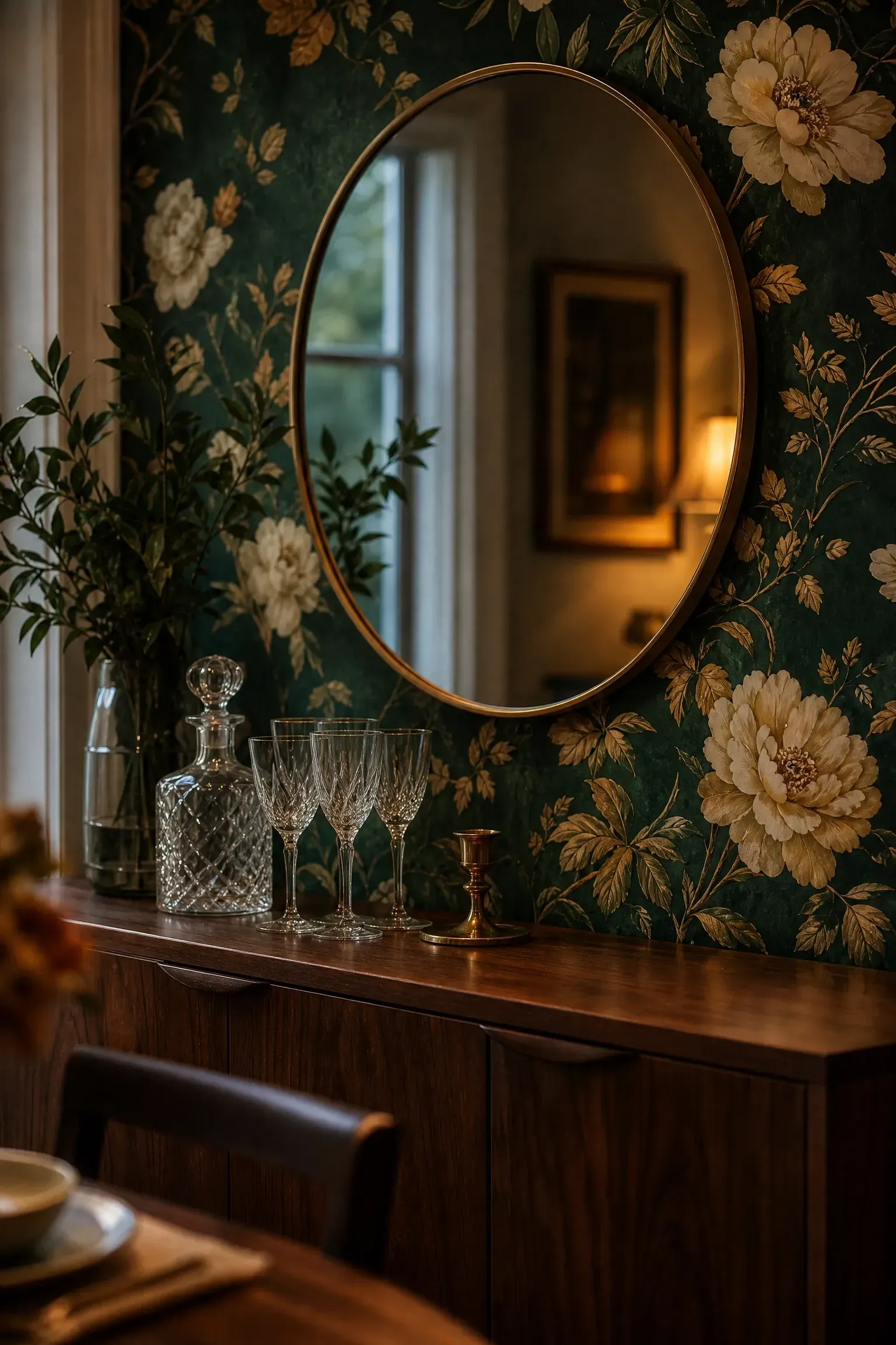 deep emerald floral wallpaper in a dining room