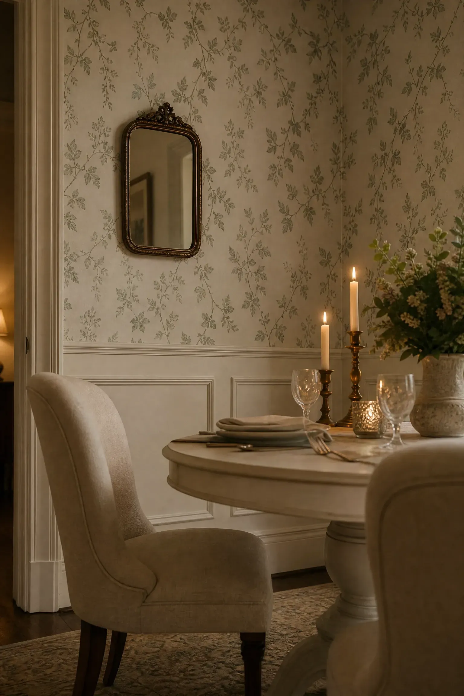delicate trailing vine wallpaper in a dining room
