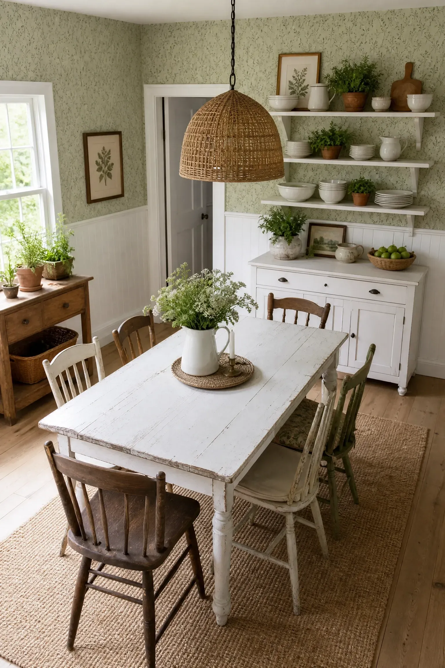 farmhouse-style small print wallpaper in a dining room