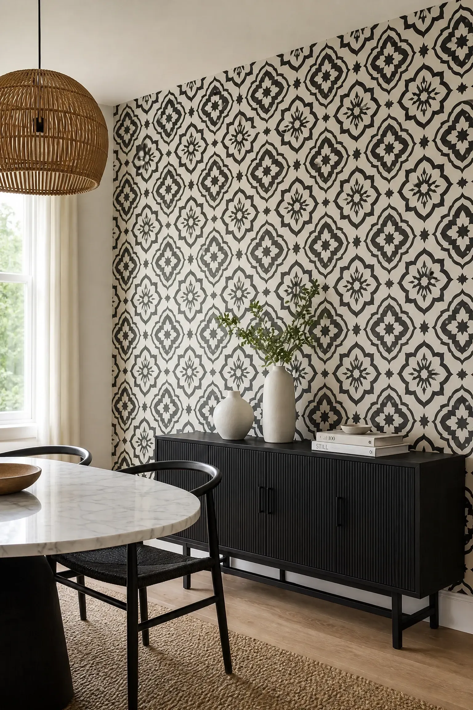 geometric tile-effect wallpaper in a dining room