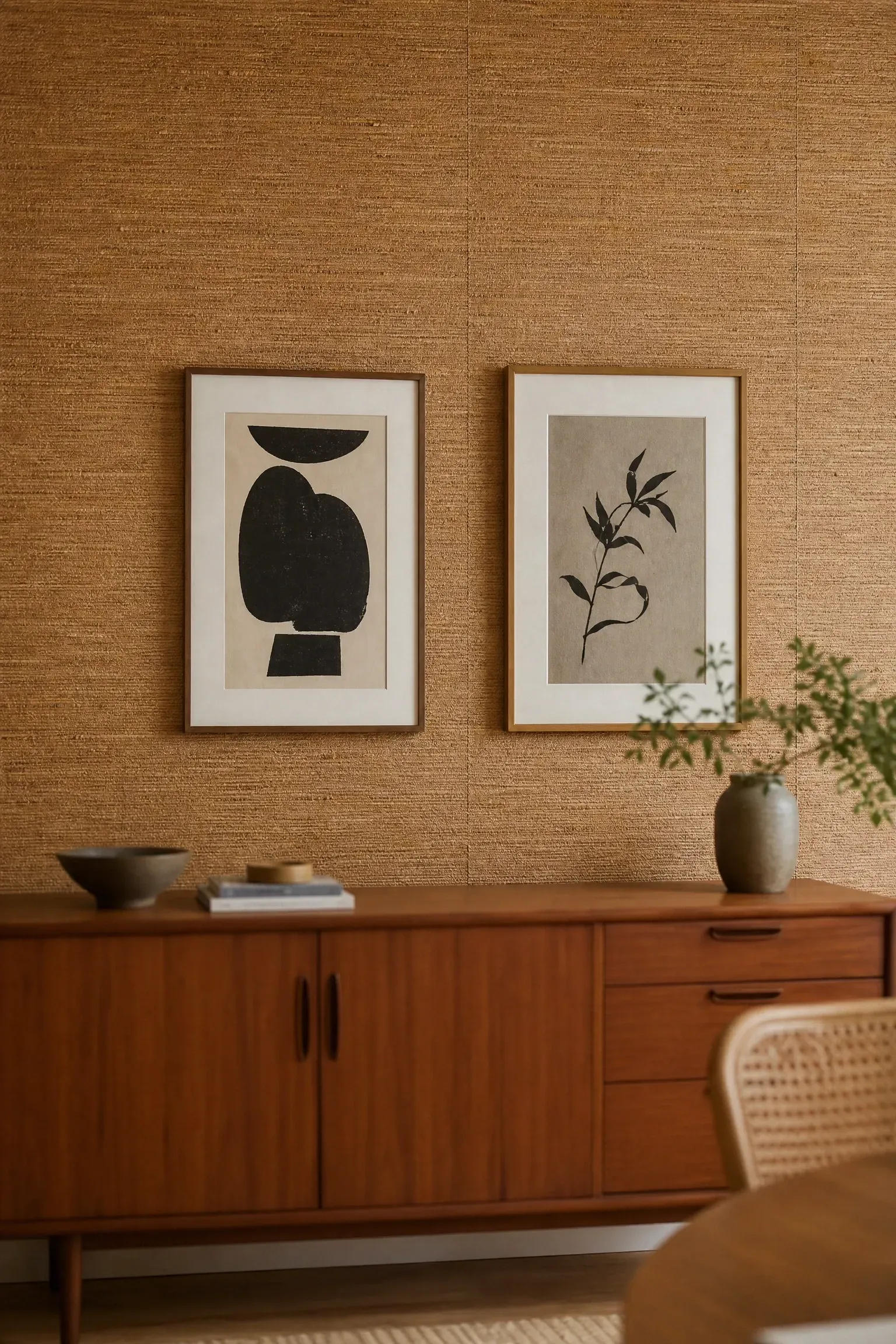 grasscloth wallpaper in a warm neutral in a dining room