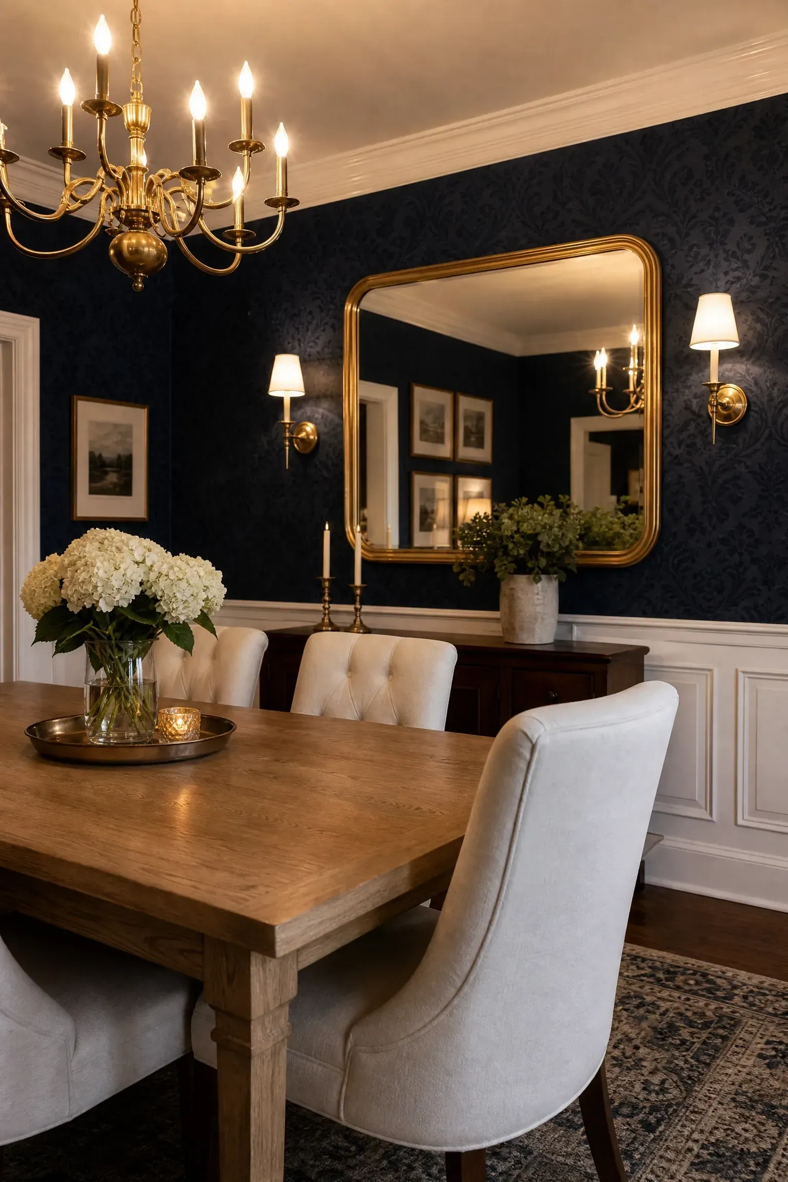 inky navy blue wallpaper with a tonal print in a dining room