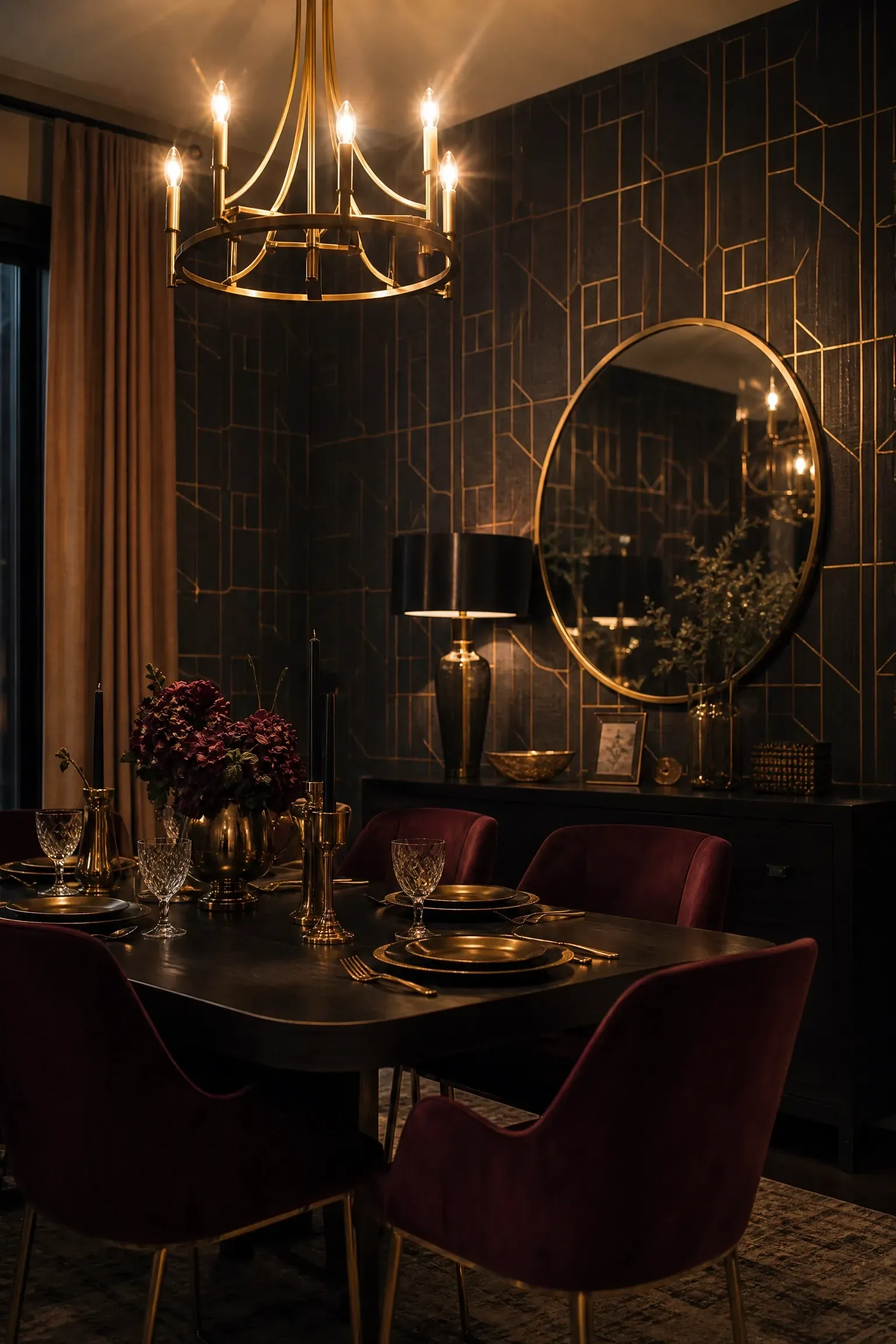 metallic geometric wallpaper in a dining room