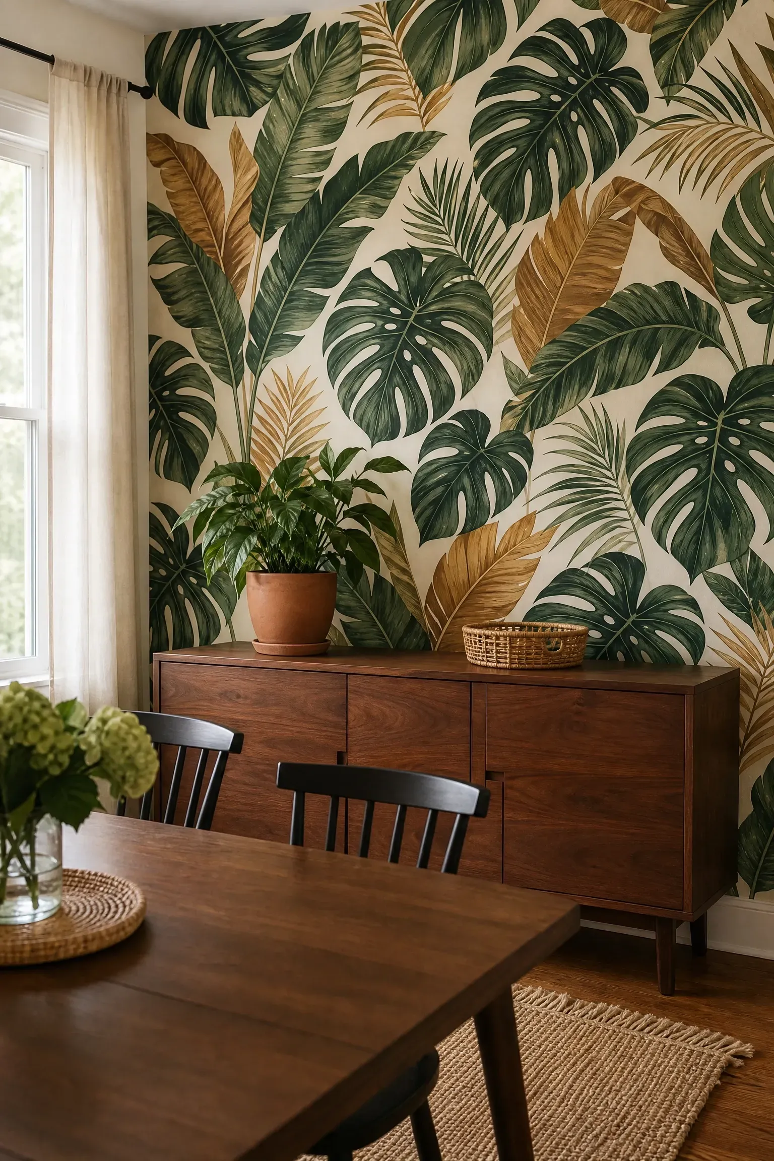 oversized tropical leaf prints in a dining room