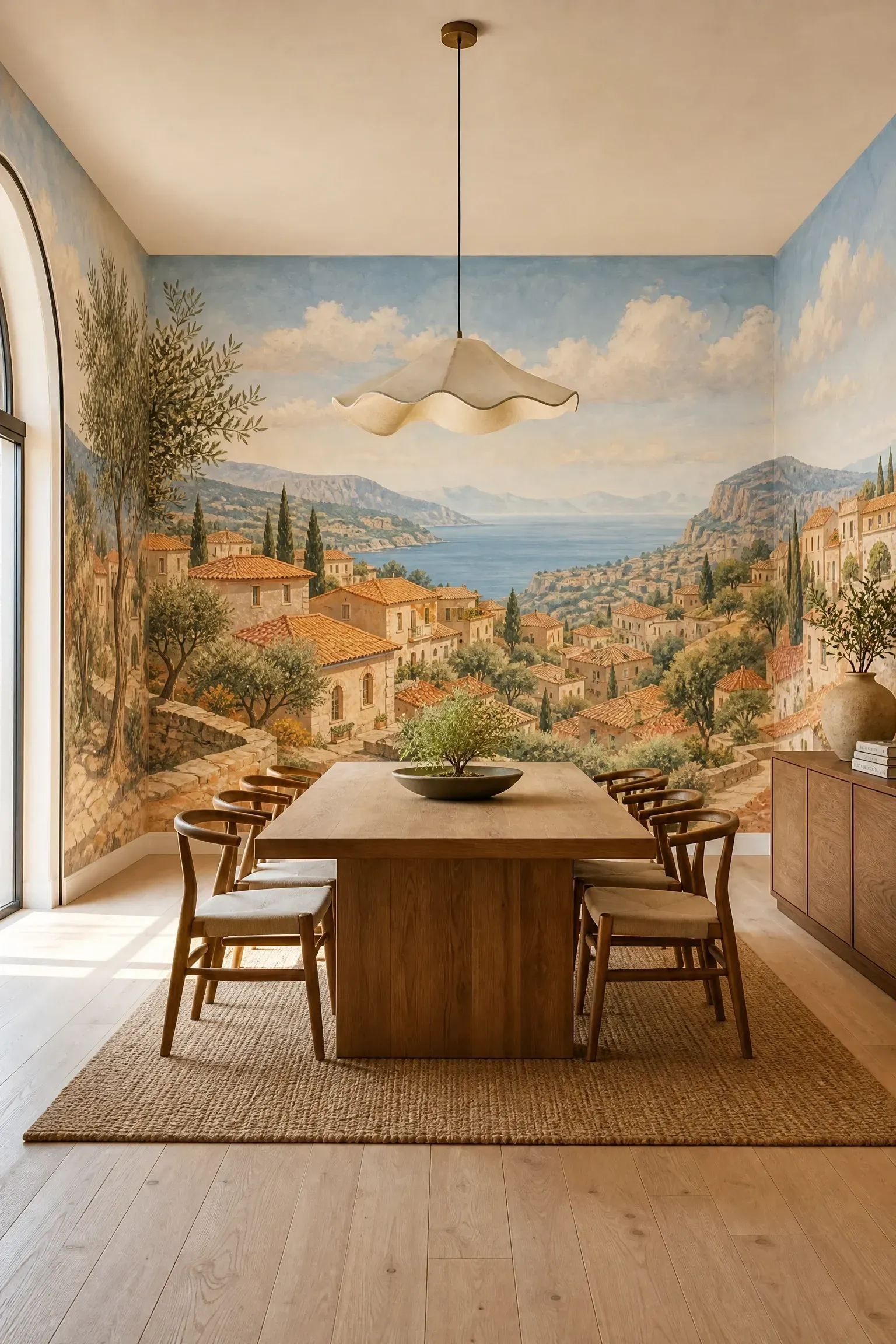panoramic landscape mural in a dining room
