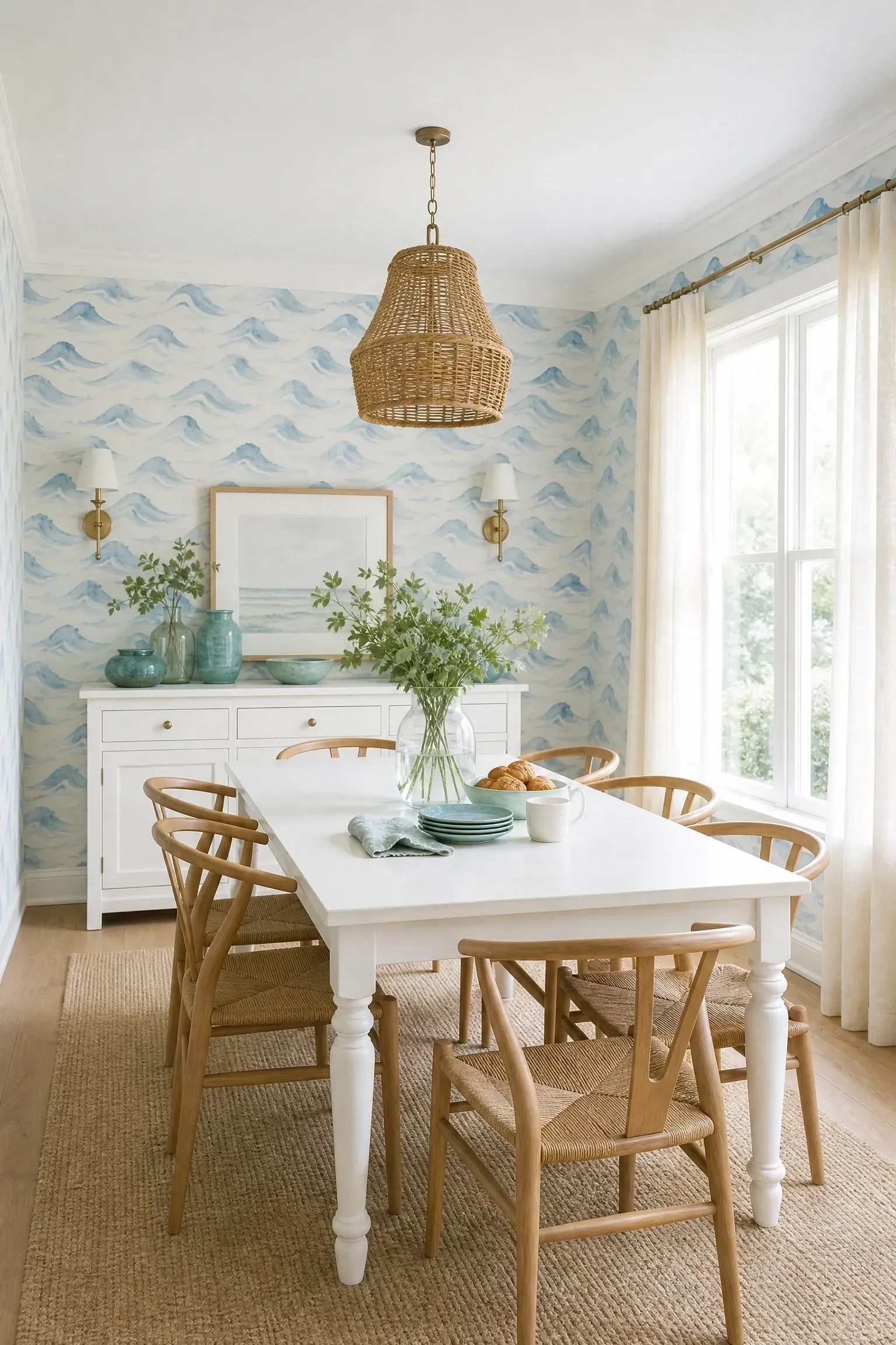 soft blue coastal wallpaper in a dining room