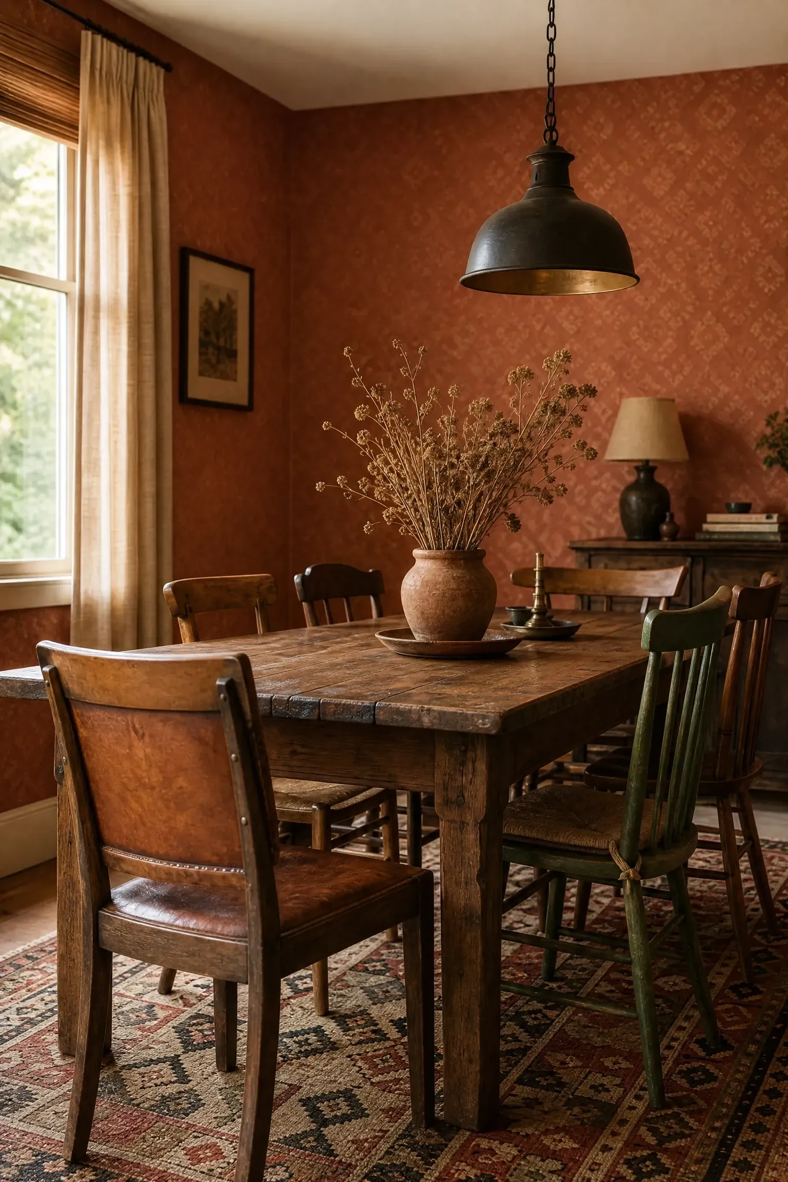 warm terracotta wallpaper with a subtle print in a dining room
