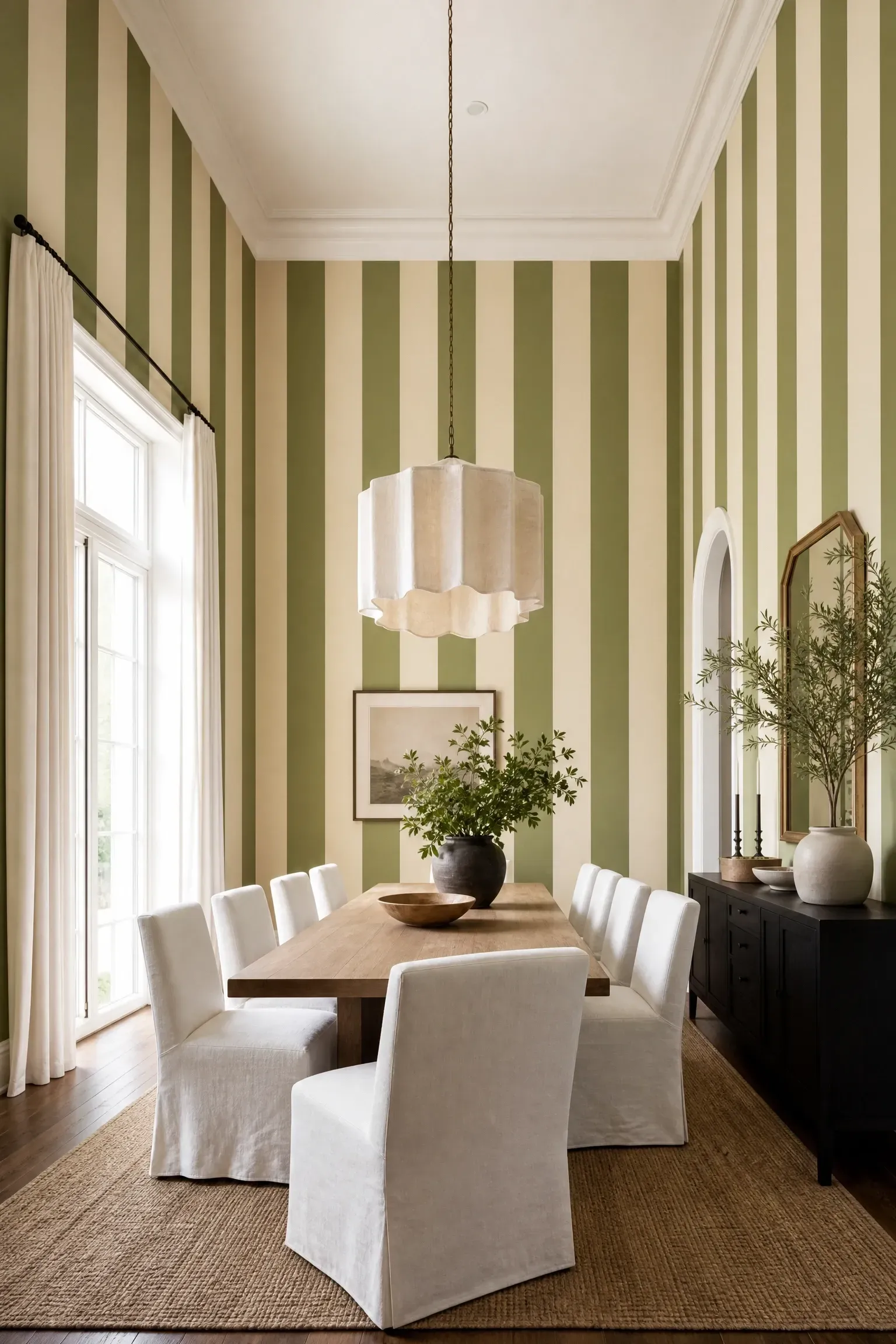 wide vertical stripe wallpaper in a dining room