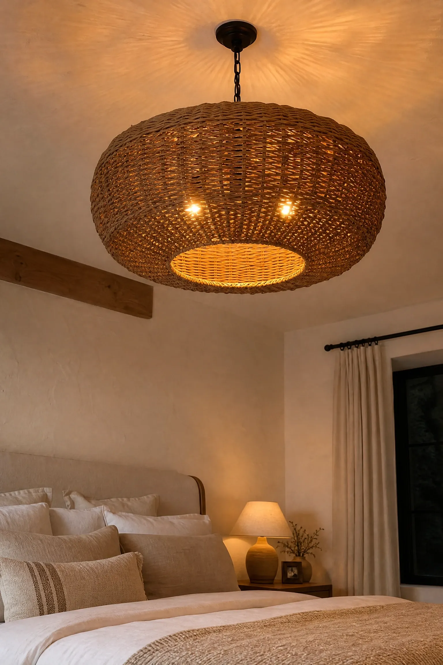 a statement chandelier in natural materials in a bedroom
