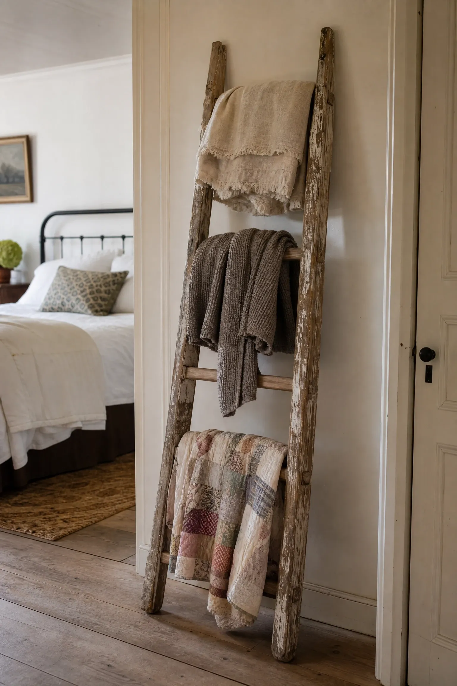 a wooden ladder as a functional display piece in a bedroom