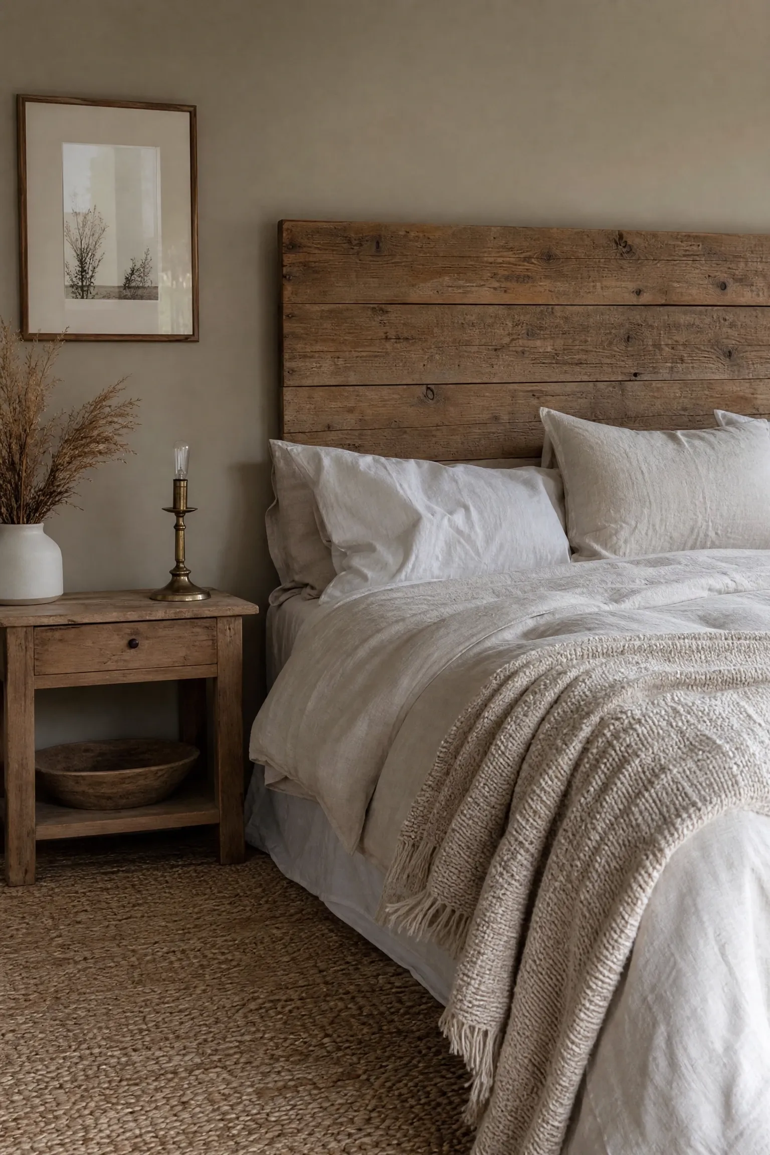 all-natural linen and raw wood tones in a bedroom