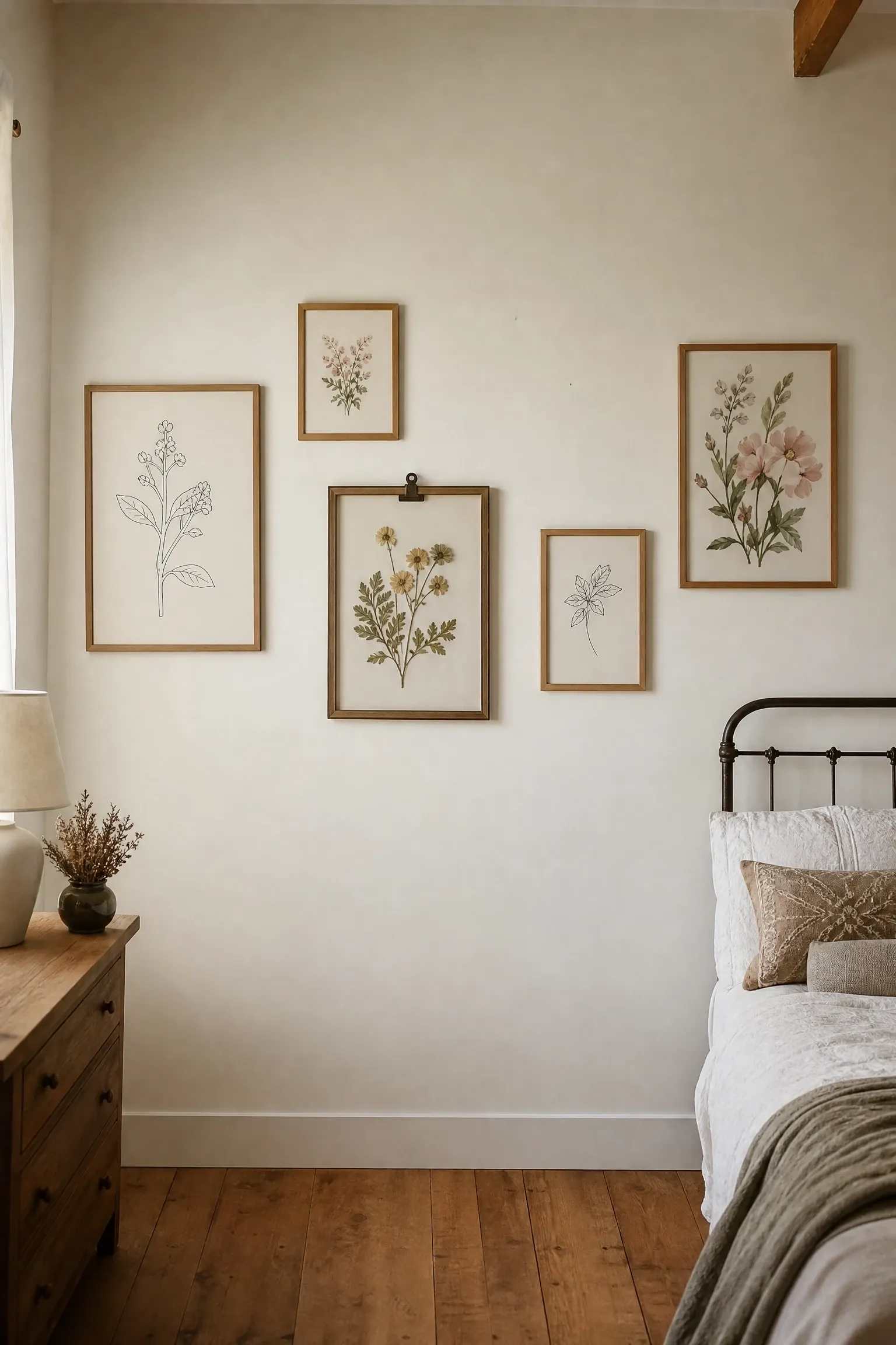 botanical prints and pressed flower art in a bedroom