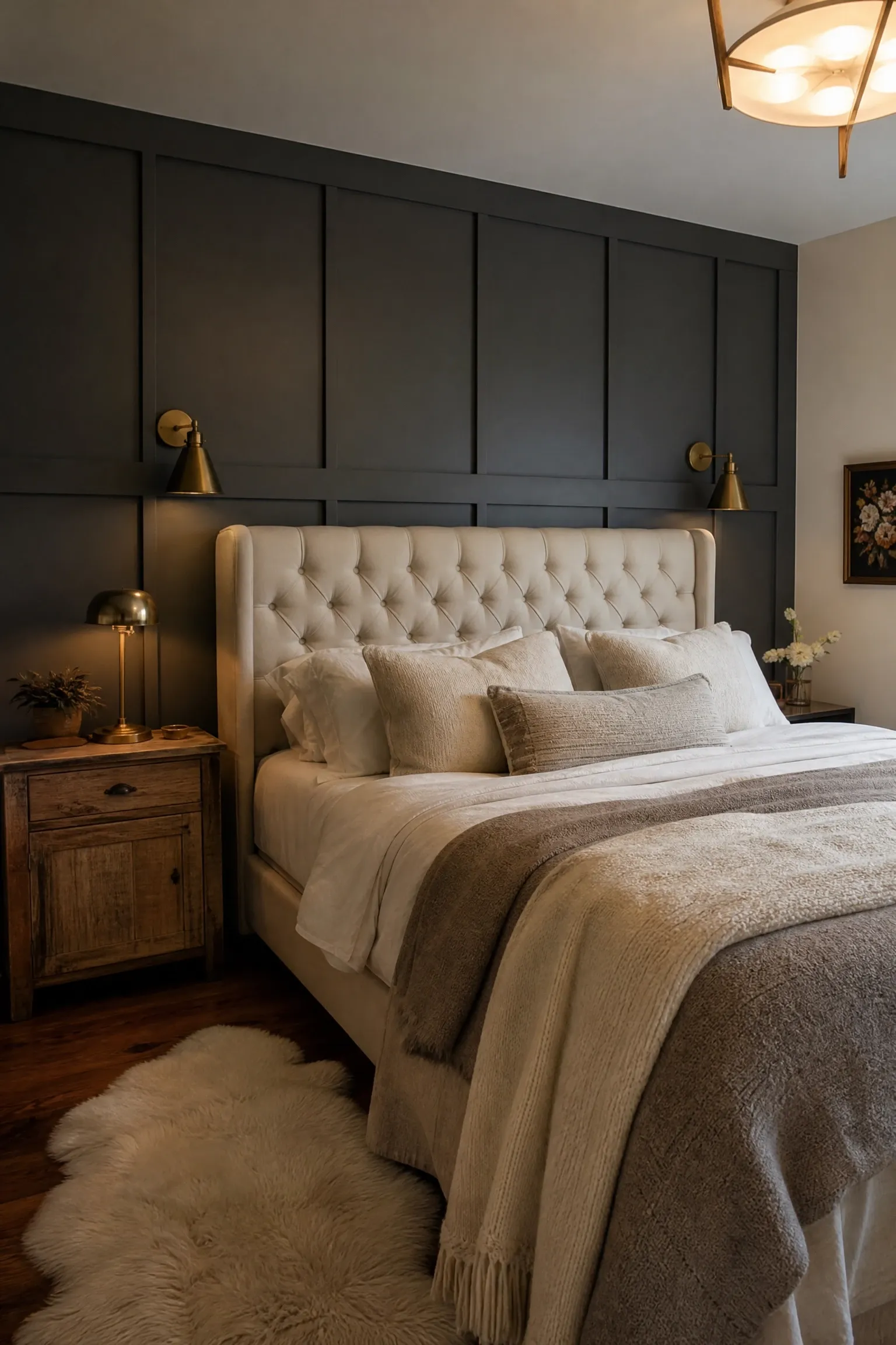 charcoal gray and warm off-white in a bedroom