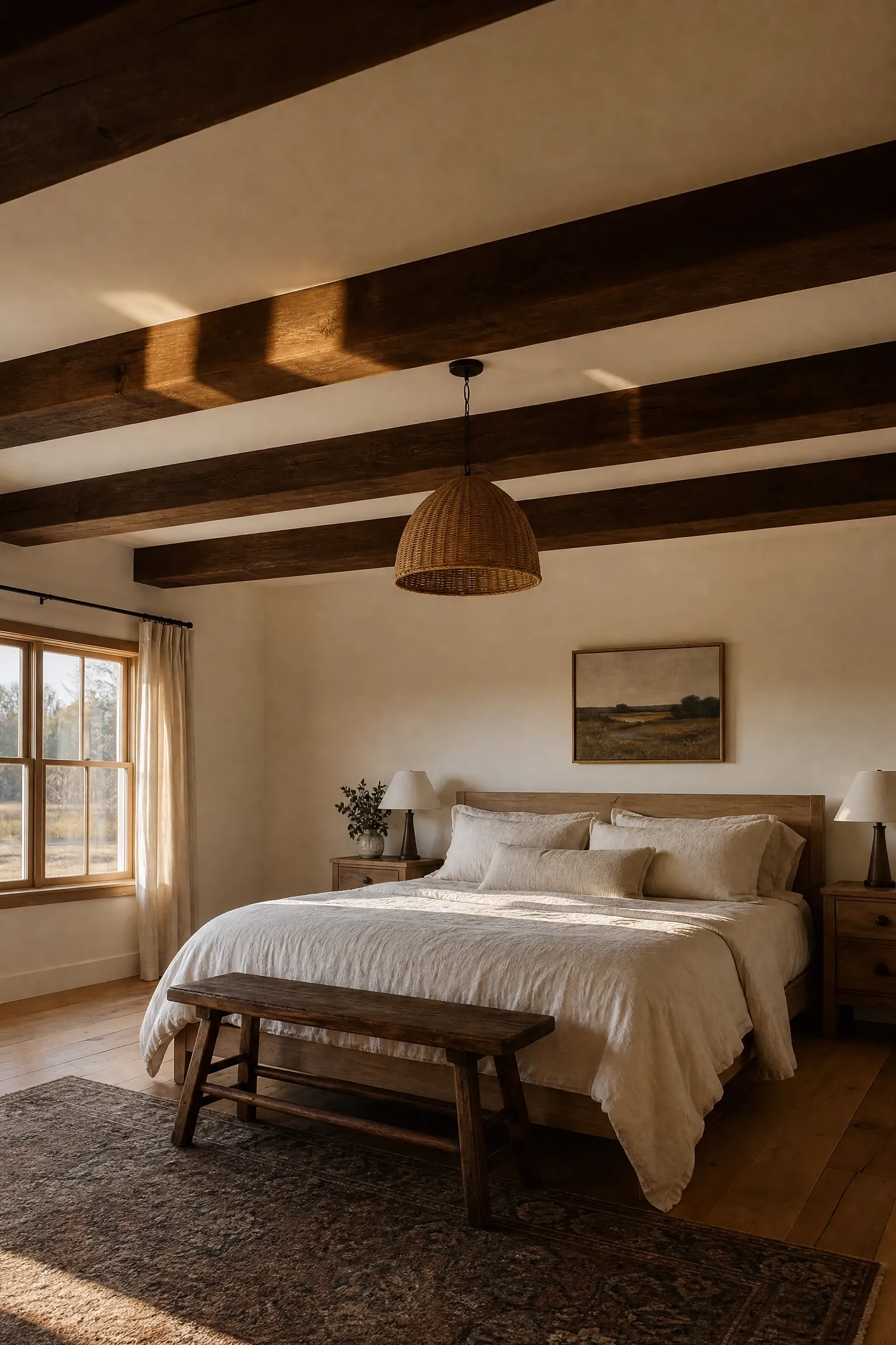 exposed wood ceiling beams in a bedroom