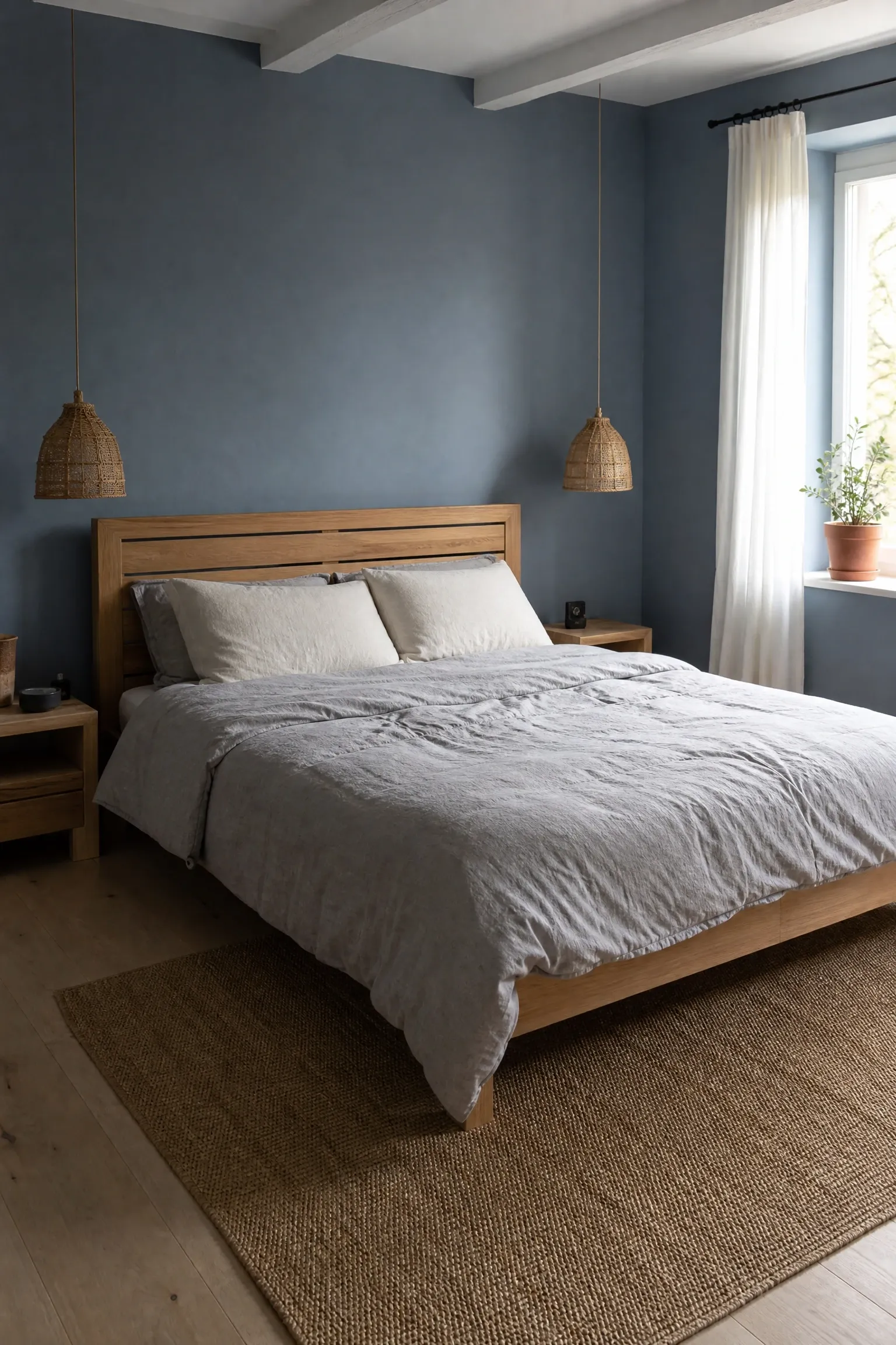 soft slate blue with white oak in a bedroom