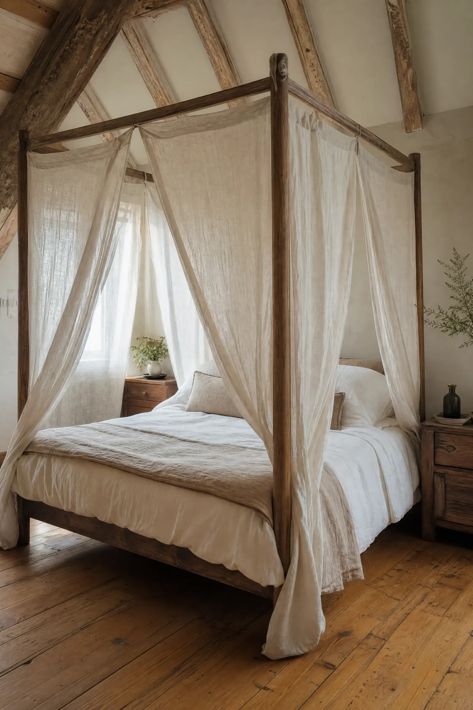 the canopy bed with simple linen drapes in a bedroom