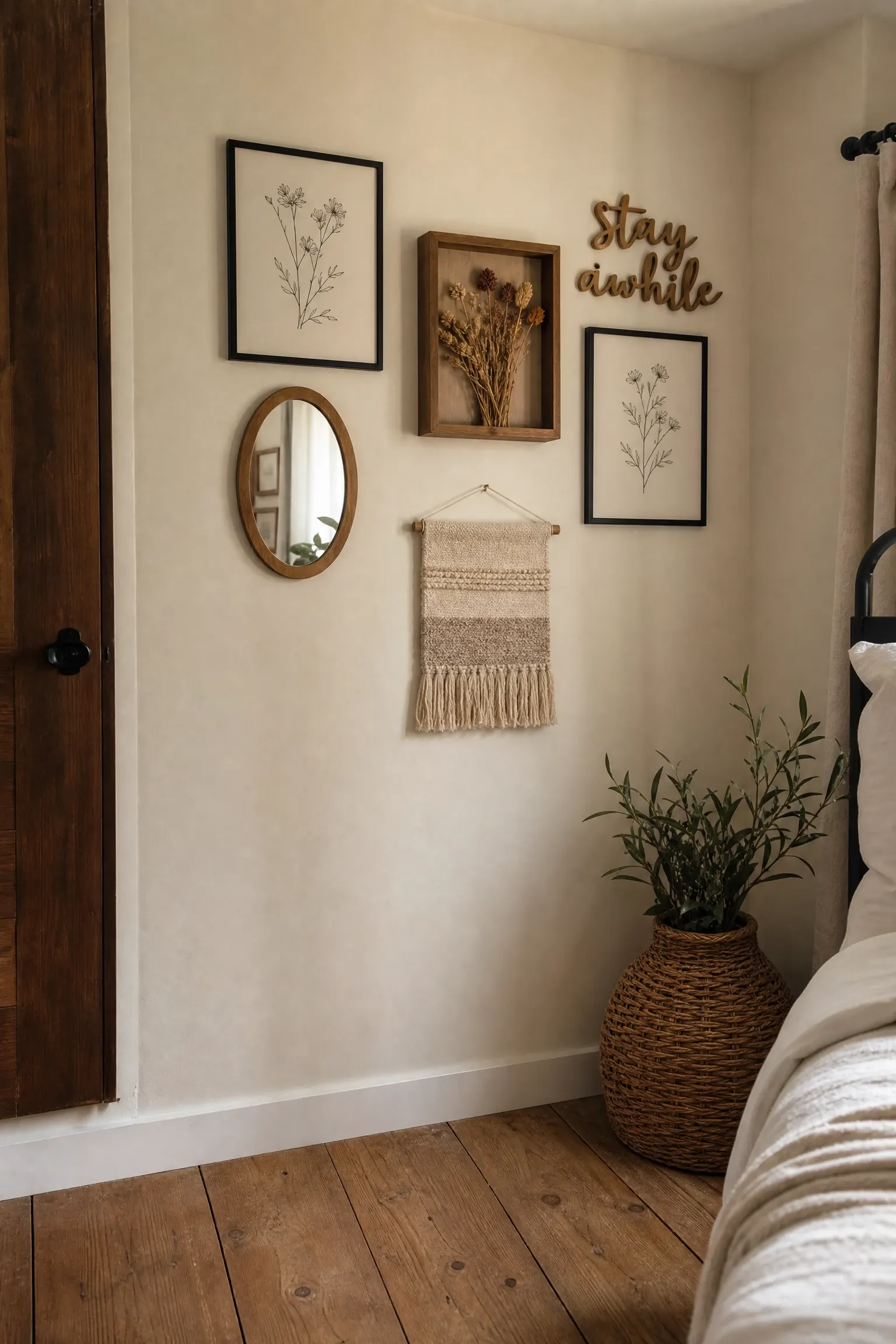 the gallery wall done with restraint in a bedroom