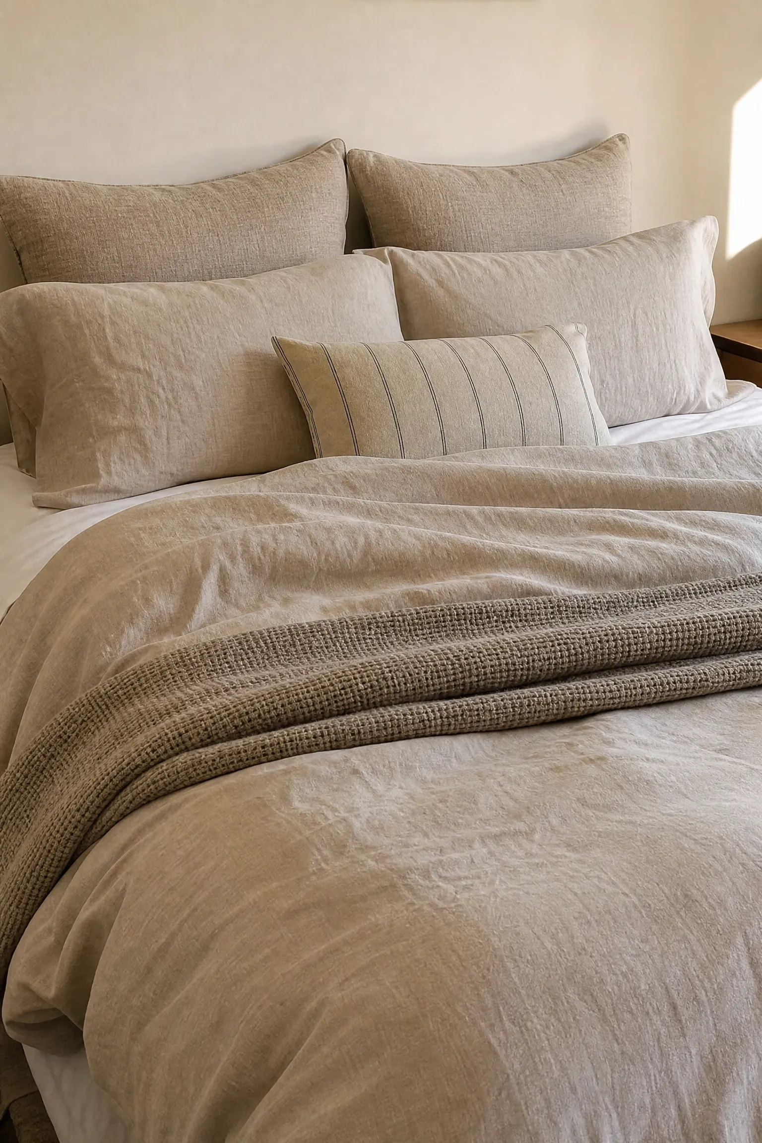 the linen bed, layered properly in a bedroom
